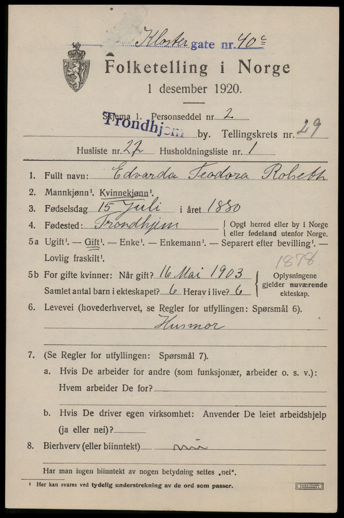 SAT, 1920 census for Trondheim, 1920, p. 72836