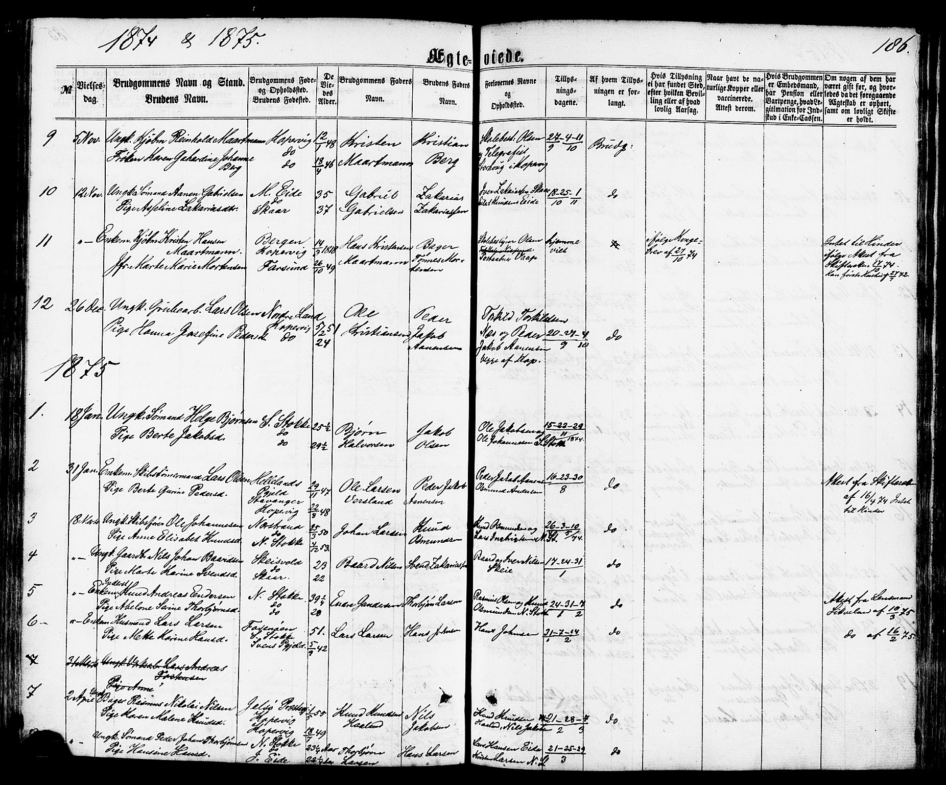 Avaldsnes sokneprestkontor, AV/SAST-A -101851/H/Ha/Haa/L0011: Parish register (official) no. A 11, 1861-1880, p. 186