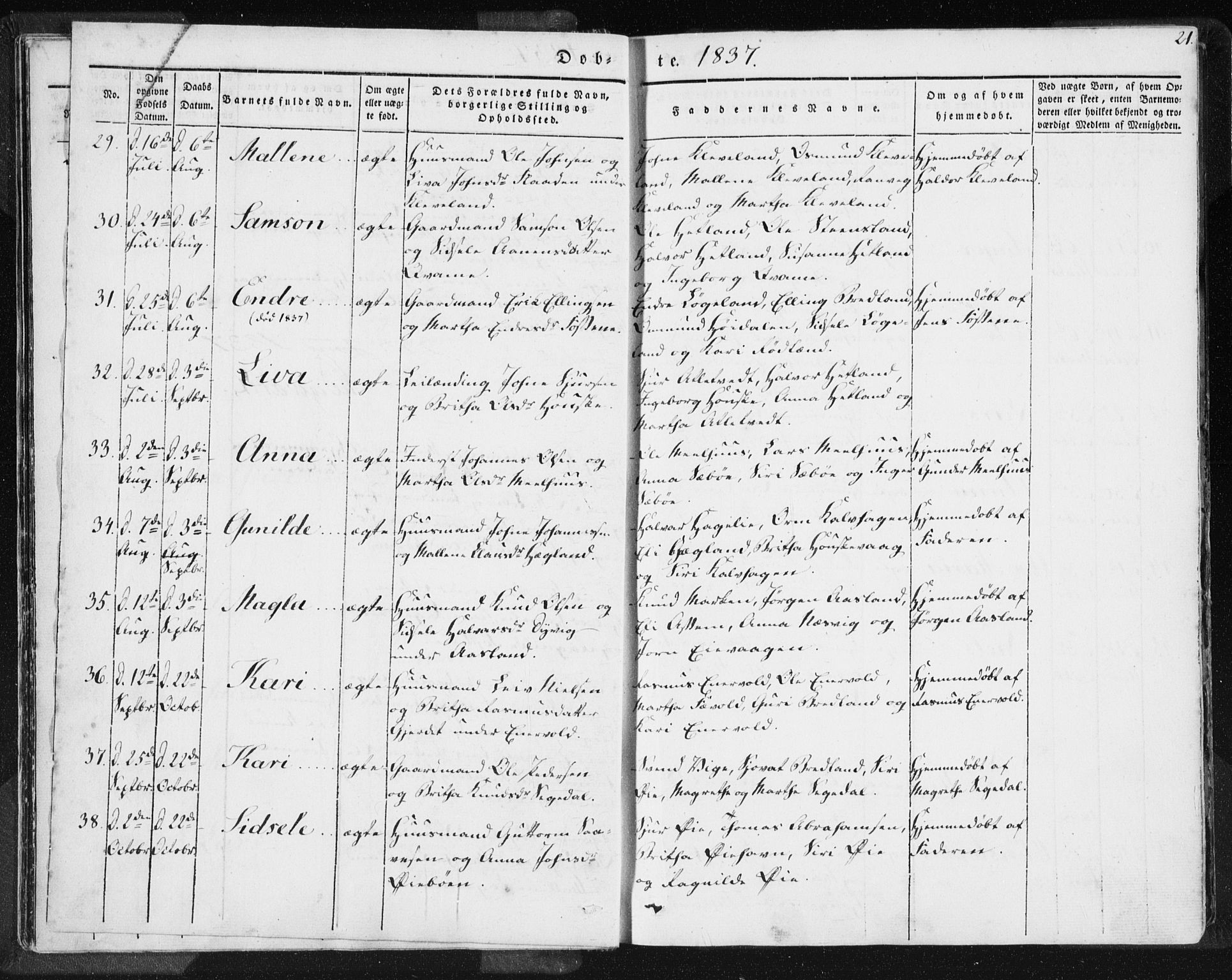 Hjelmeland sokneprestkontor, AV/SAST-A-101843/01/IV/L0006: Parish register (official) no. A 6, 1834-1845, p. 21