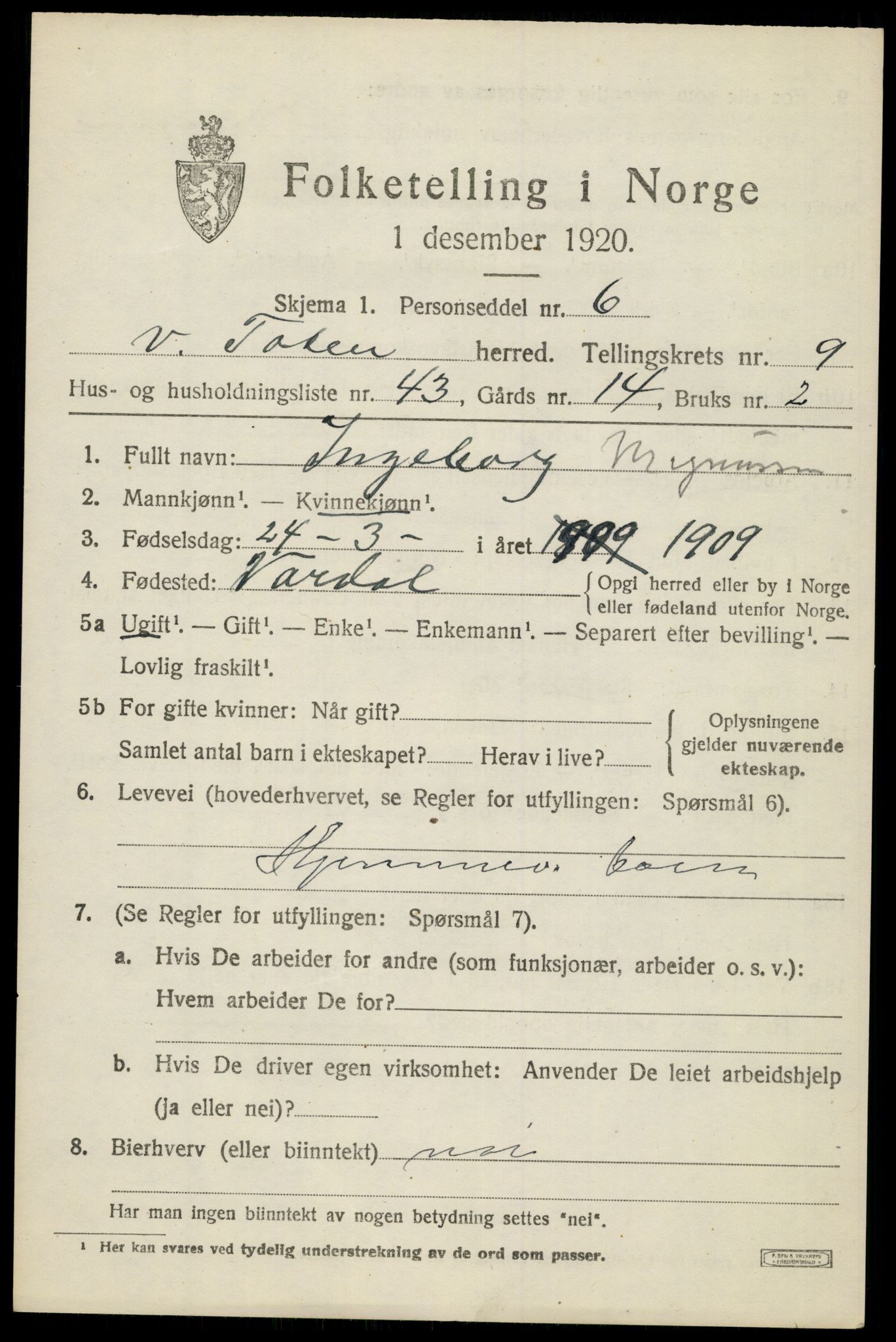 SAH, 1920 census for Vestre Toten, 1920, p. 11944