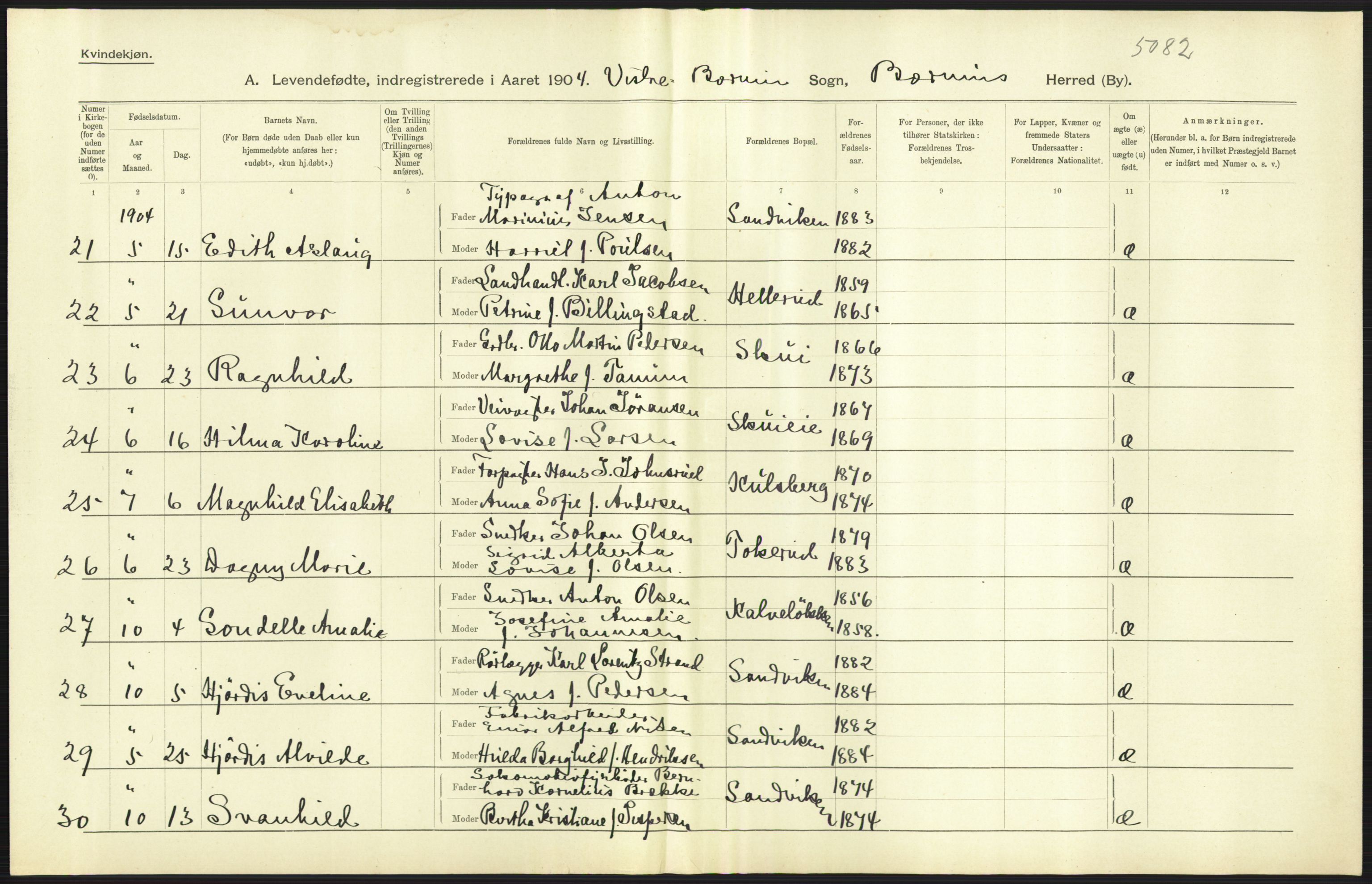 Statistisk sentralbyrå, Sosiodemografiske emner, Befolkning, RA/S-2228/D/Df/Dfa/Dfab/L0002: Akershus amt: Fødte, gifte, døde, 1904, p. 5