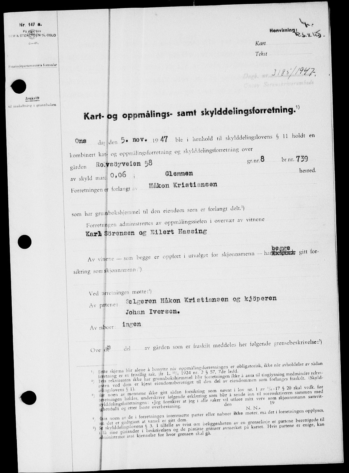 Onsøy sorenskriveri, SAO/A-10474/G/Ga/Gab/L0021: Mortgage book no. II A-21, 1947-1947, Diary no: : 3185/1947