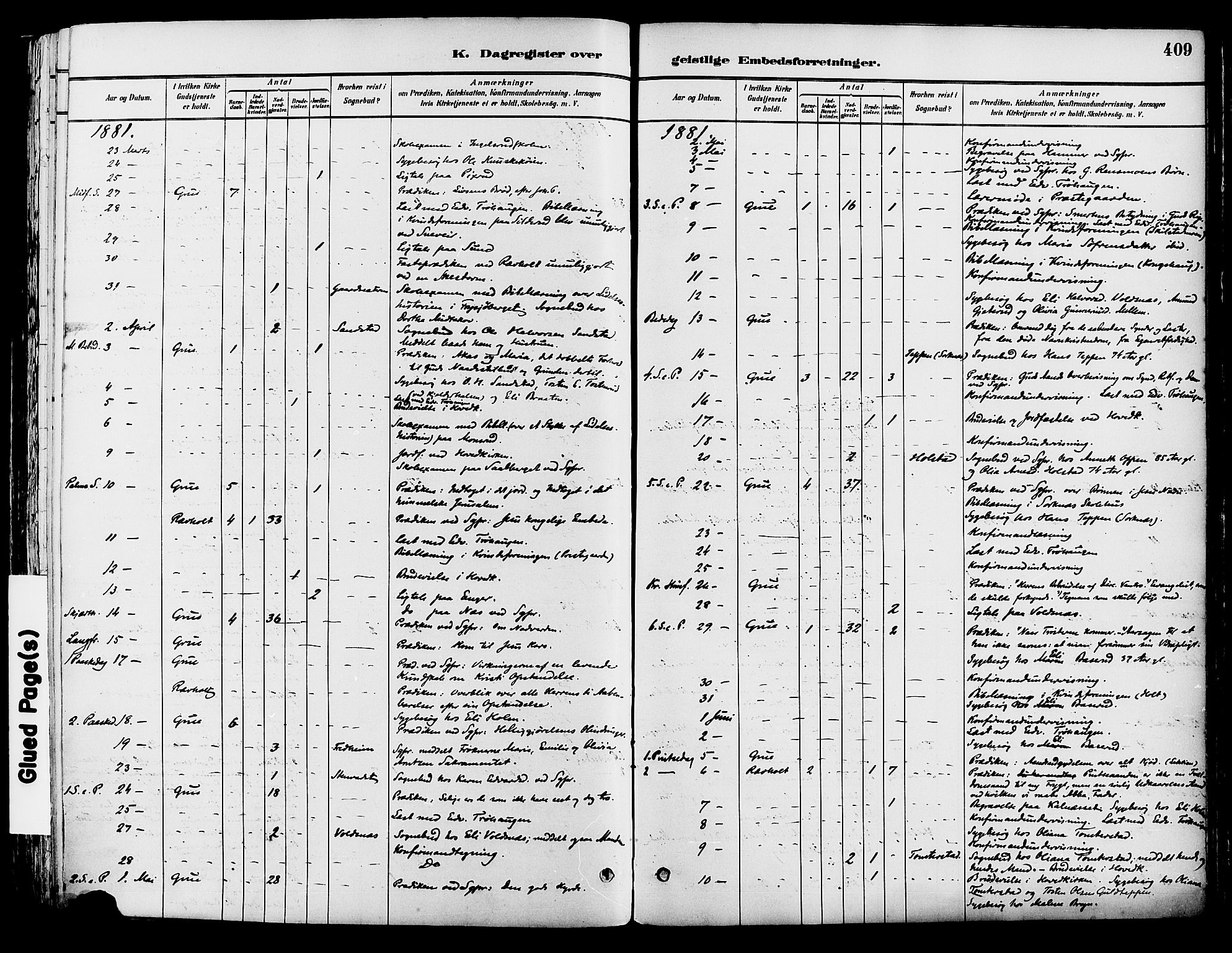 Grue prestekontor, SAH/PREST-036/H/Ha/Haa/L0012: Parish register (official) no. 12, 1881-1897, p. 409