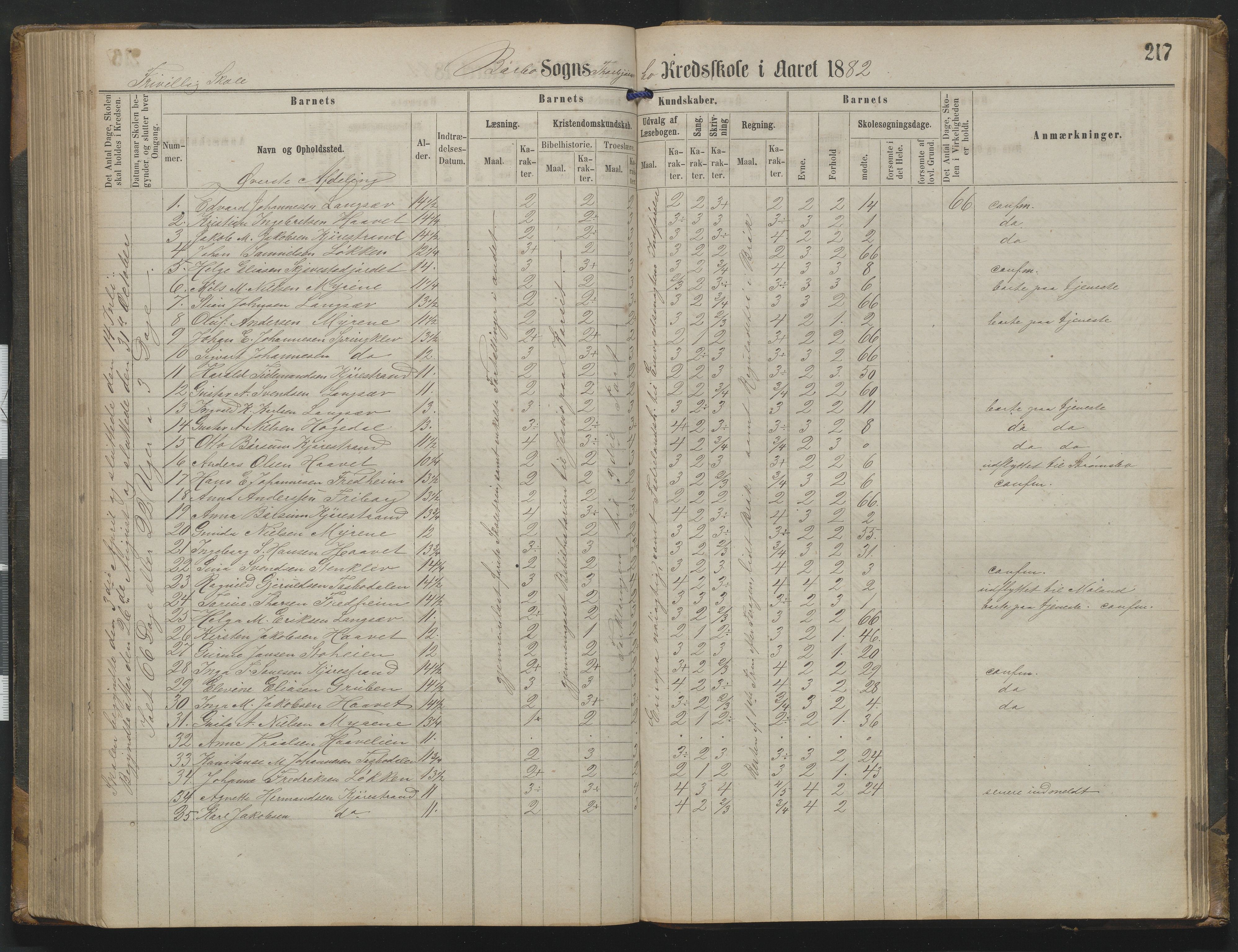 Arendal kommune, Katalog I, AAKS/KA0906-PK-I/07/L0342: Protokoll Torbjørnsbu skole, 1869-1890, p. 217