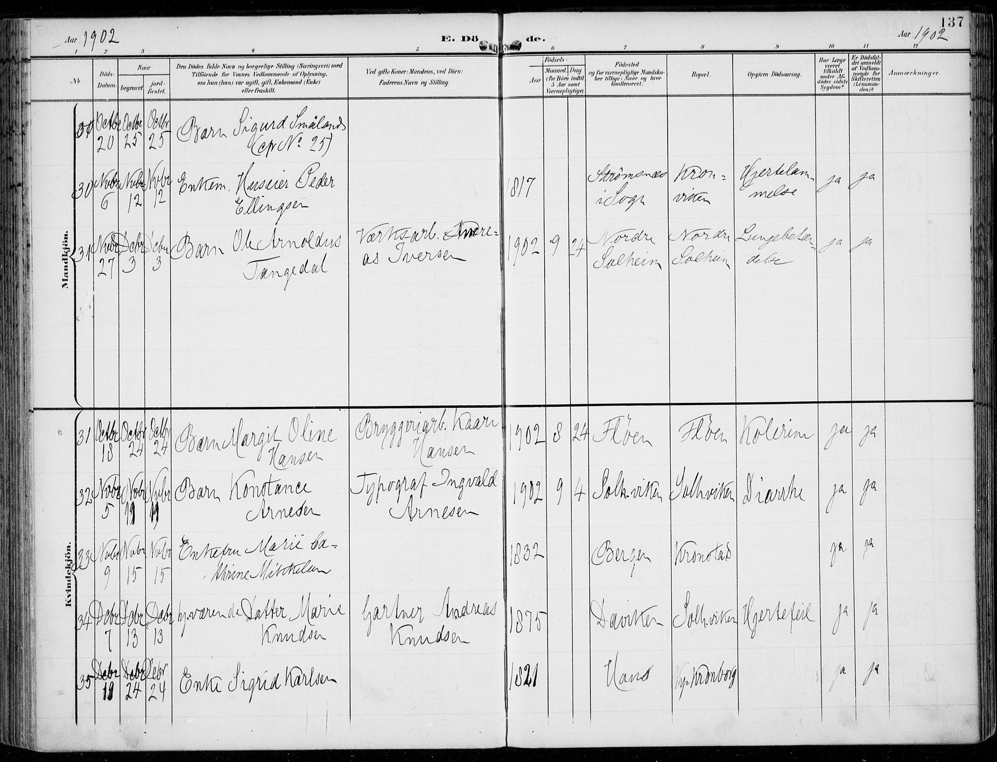 Årstad Sokneprestembete, AV/SAB-A-79301/H/Haa/L0009: Parish register (official) no. C 1, 1902-1918, p. 137