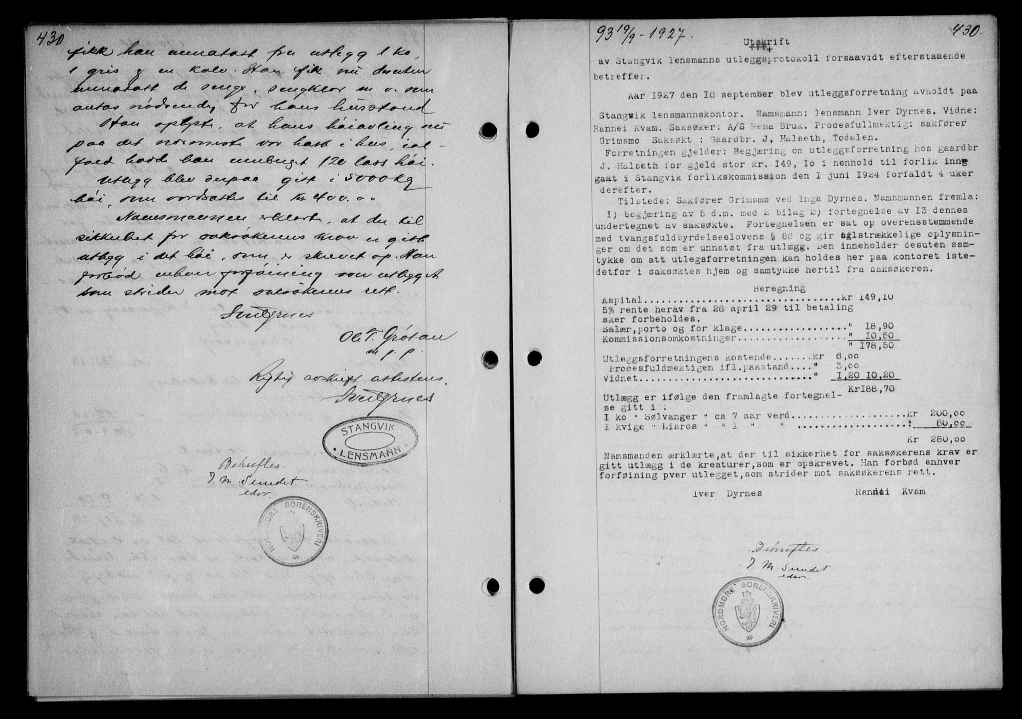 Nordmøre sorenskriveri, AV/SAT-A-4132/1/2/2Ca/L0062: Mortgage book no. 52, 1927-1927, Deed date: 19.09.1927