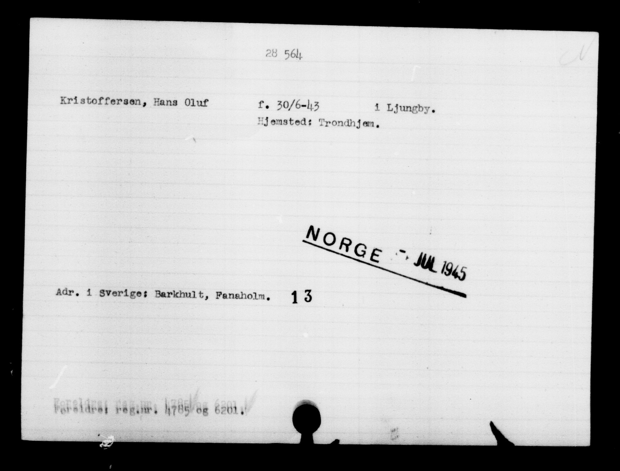 Den Kgl. Norske Legasjons Flyktningskontor, RA/S-6753/V/Va/L0012: Kjesäterkartoteket.  Flyktningenr. 28300-31566, 1940-1945, p. 287