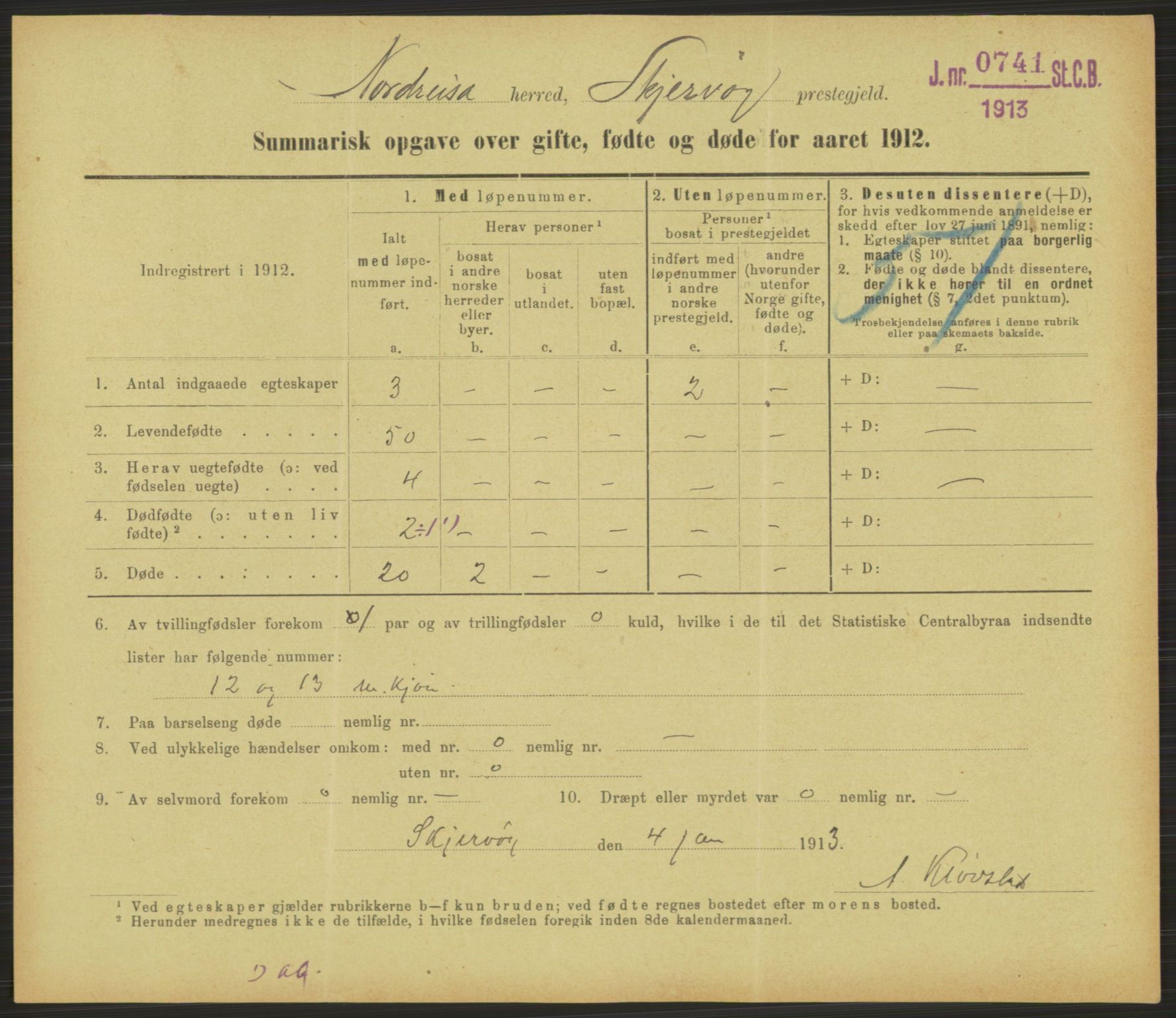 Statistisk sentralbyrå, Sosiodemografiske emner, Befolkning, RA/S-2228/D/Df/Dfb/Dfbb/L0052: Summariske oppgaver over gifte, fødte og døde for hele landet., 1912, p. 1513