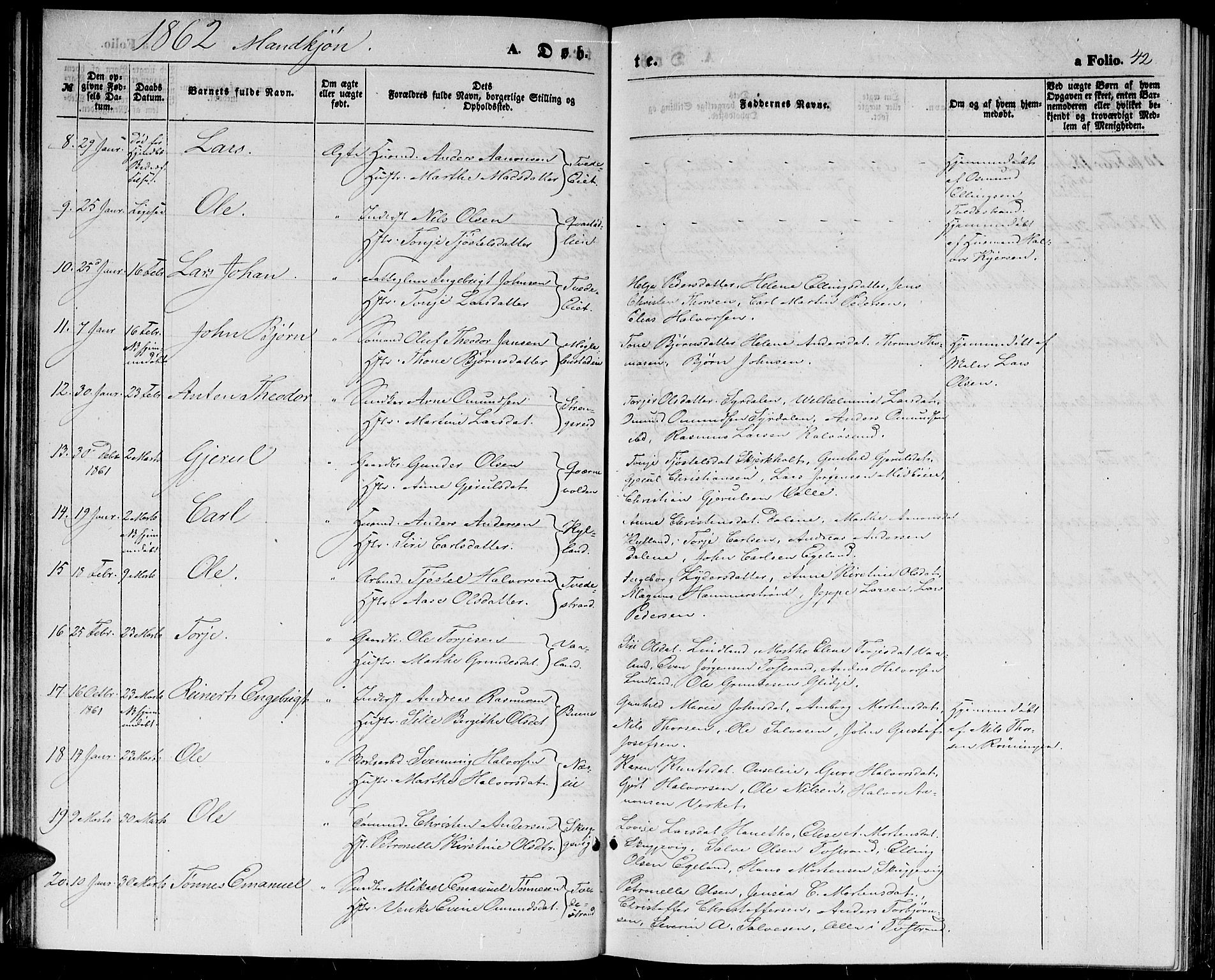 Holt sokneprestkontor, SAK/1111-0021/F/Fb/L0008: Parish register (copy) no. B 8, 1858-1871, p. 42