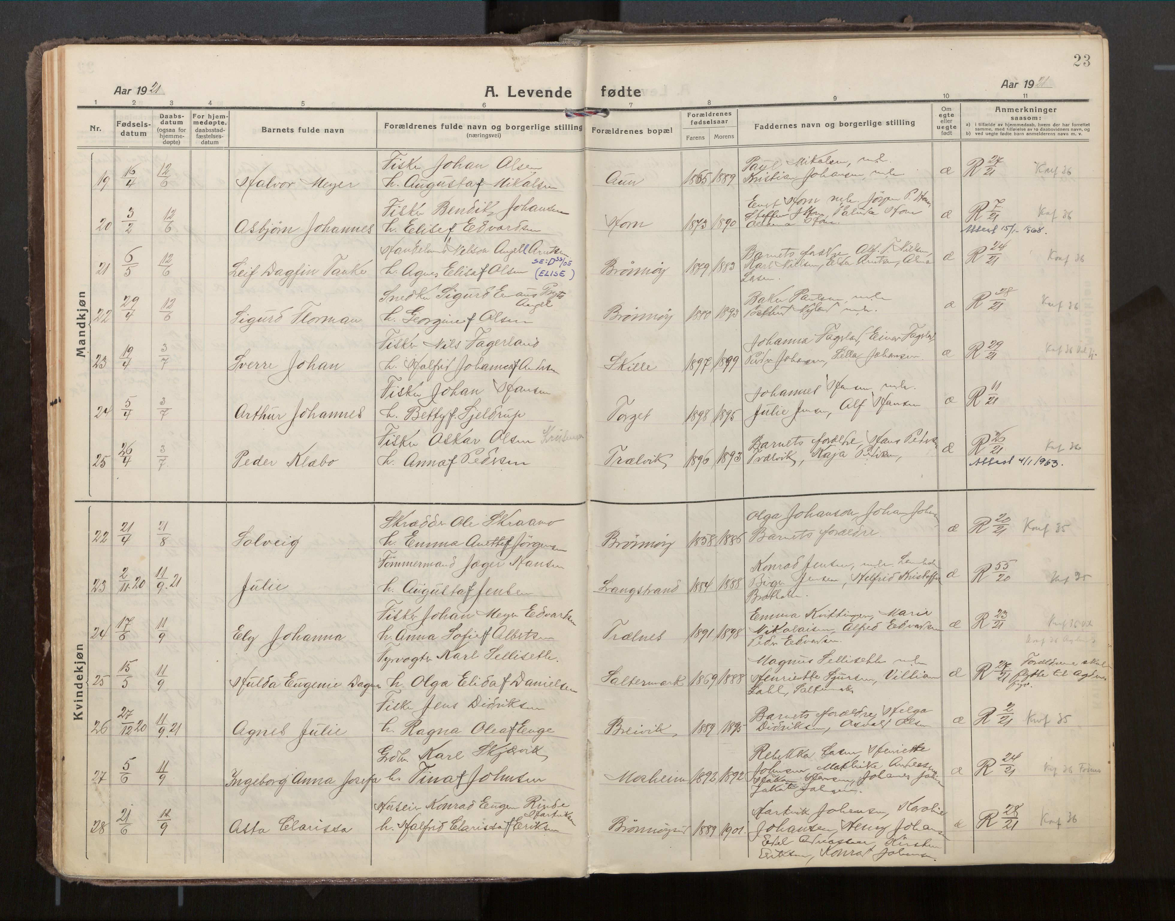Ministerialprotokoller, klokkerbøker og fødselsregistre - Nordland, AV/SAT-A-1459/813/L0207a: Parish register (official) no. 813A18, 1919-1927, p. 23