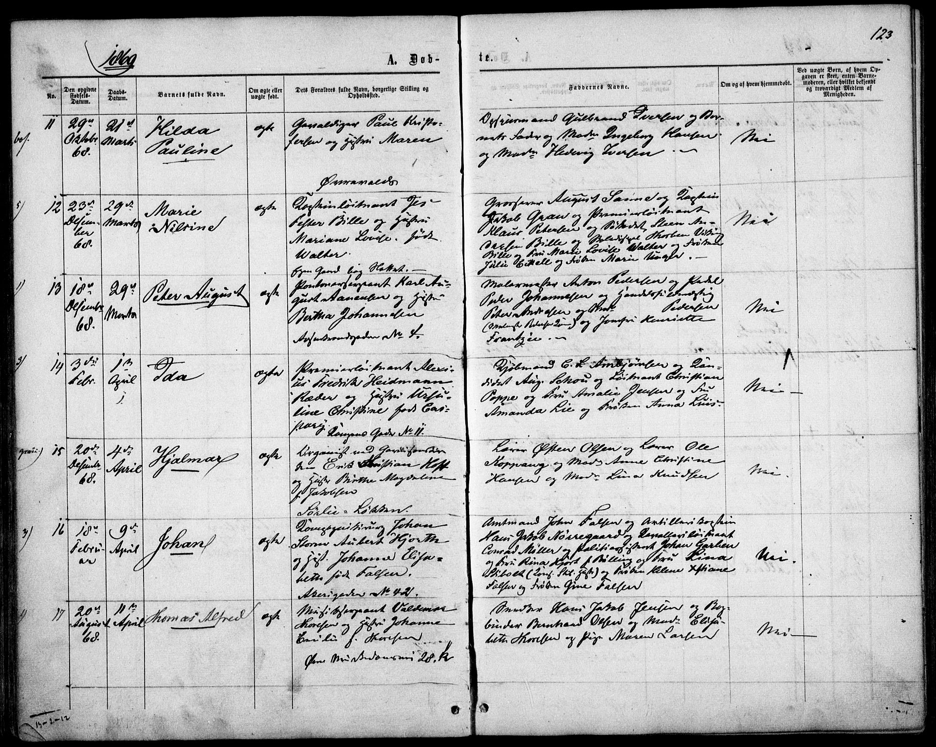 Garnisonsmenigheten Kirkebøker, AV/SAO-A-10846/F/Fa/L0010: Parish register (official) no. 10, 1859-1869, p. 123