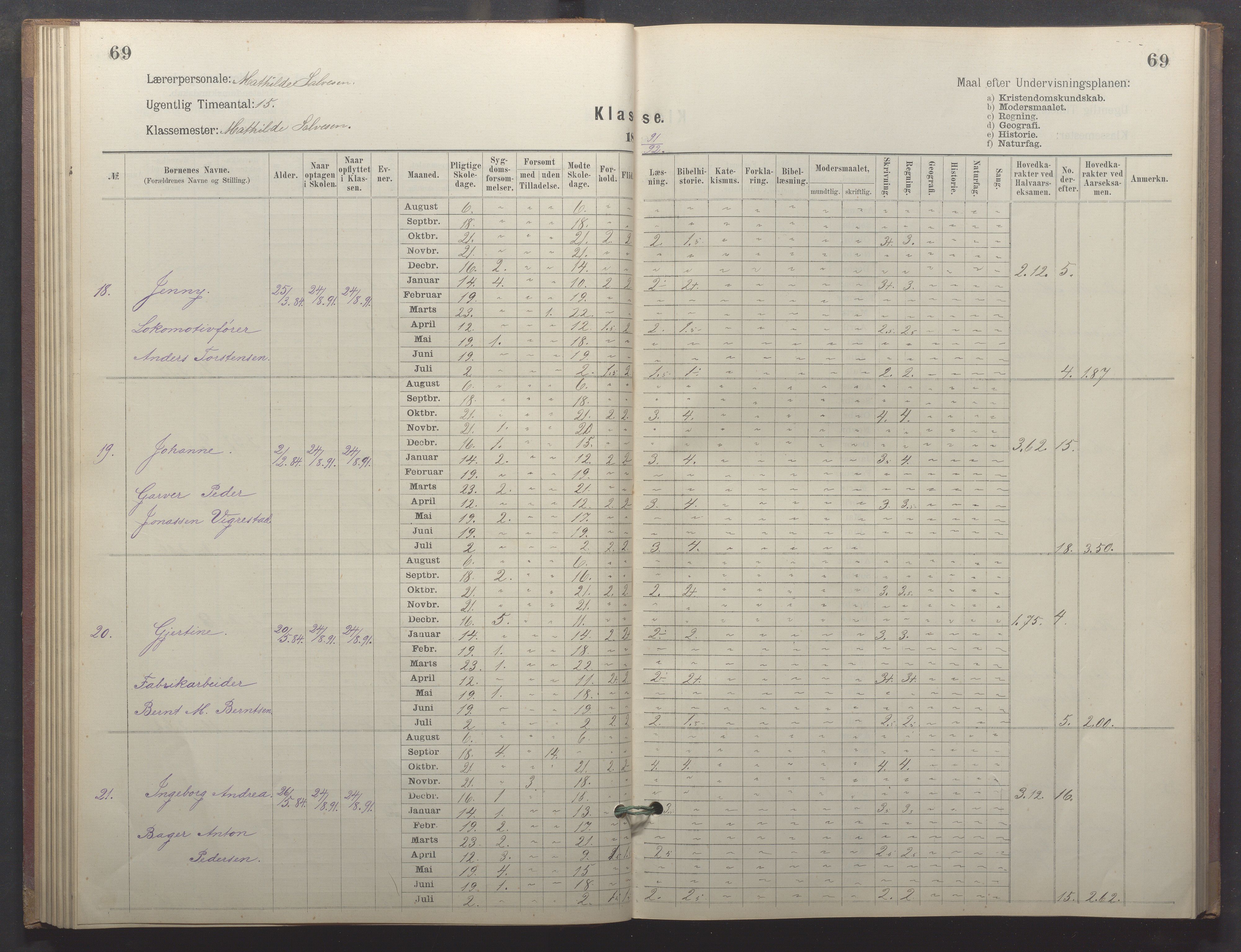 Egersund kommune (Ladested) - Egersund almueskole/folkeskole, IKAR/K-100521/H/L0026: Skoleprotokoll - Almueskolen, 1. klasse, 1889-1893, p. 69