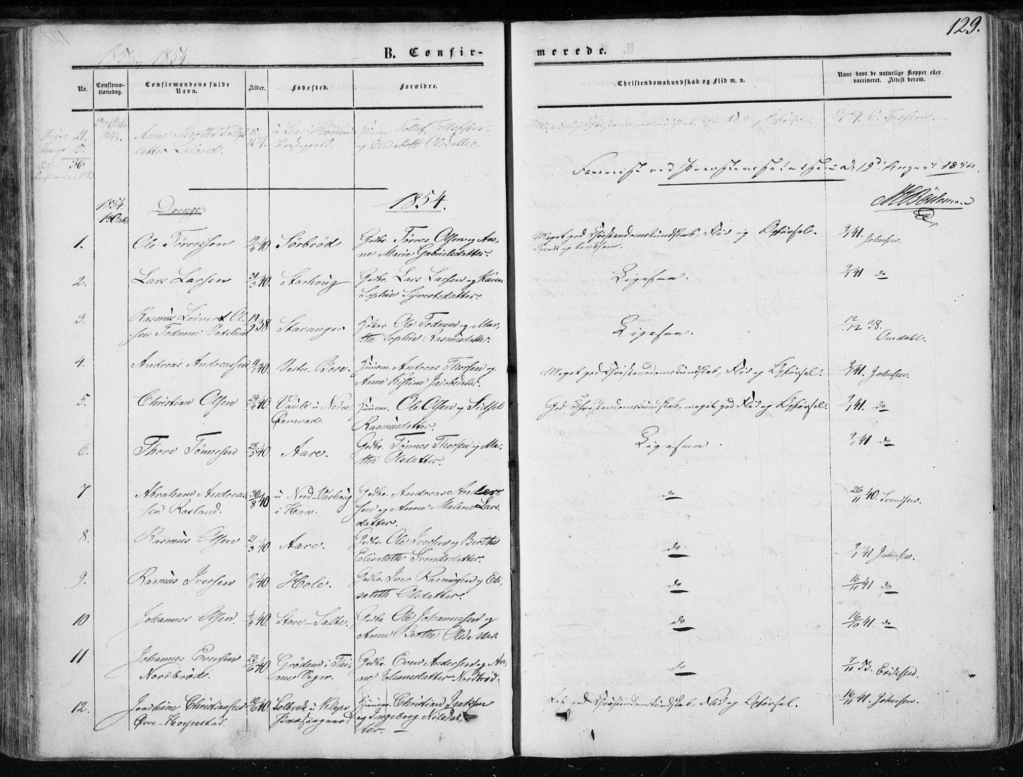 Klepp sokneprestkontor, AV/SAST-A-101803/001/3/30BA/L0005: Parish register (official) no. A 5, 1853-1870, p. 129