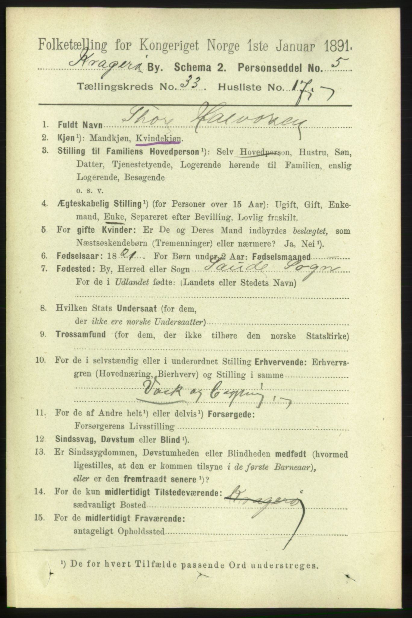 RA, 1891 census for 0801 Kragerø, 1891, p. 6081