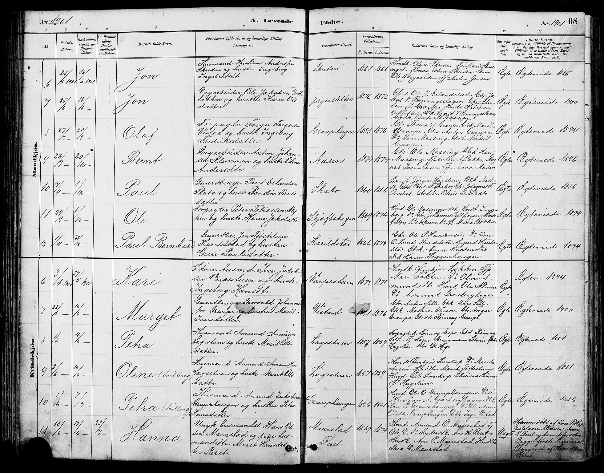 Nord-Fron prestekontor, SAH/PREST-080/H/Ha/Hab/L0005: Parish register (copy) no. 5, 1884-1914, p. 68