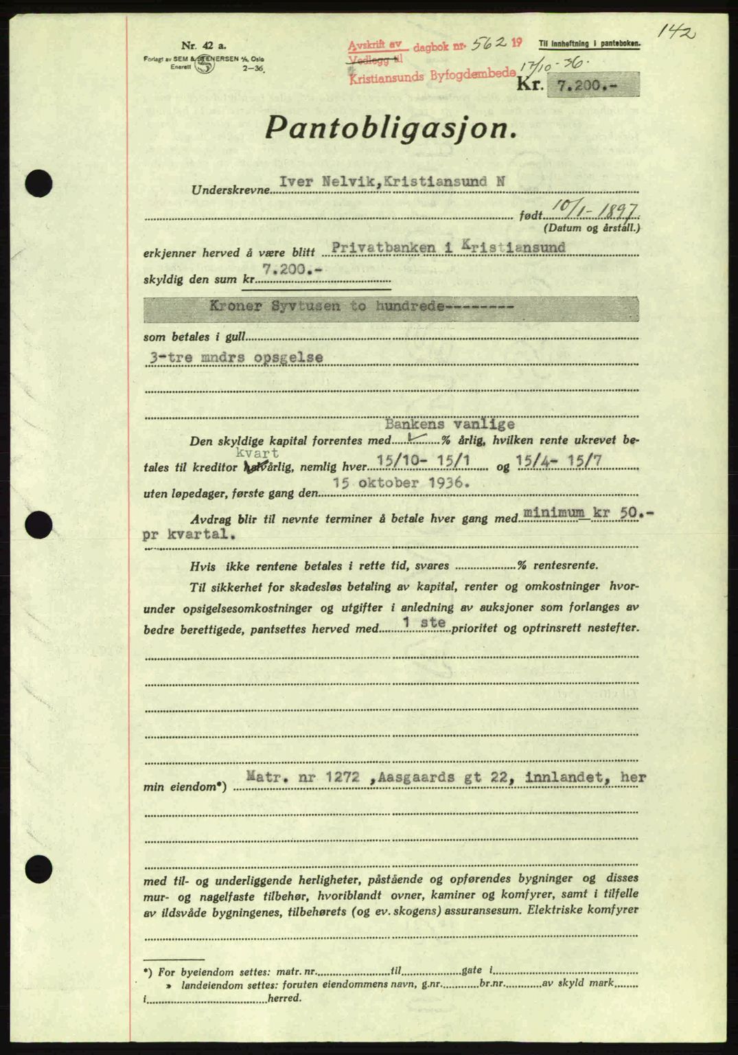 Kristiansund byfogd, AV/SAT-A-4587/A/27: Mortgage book no. 29, 1936-1937, Diary no: : 562/1936