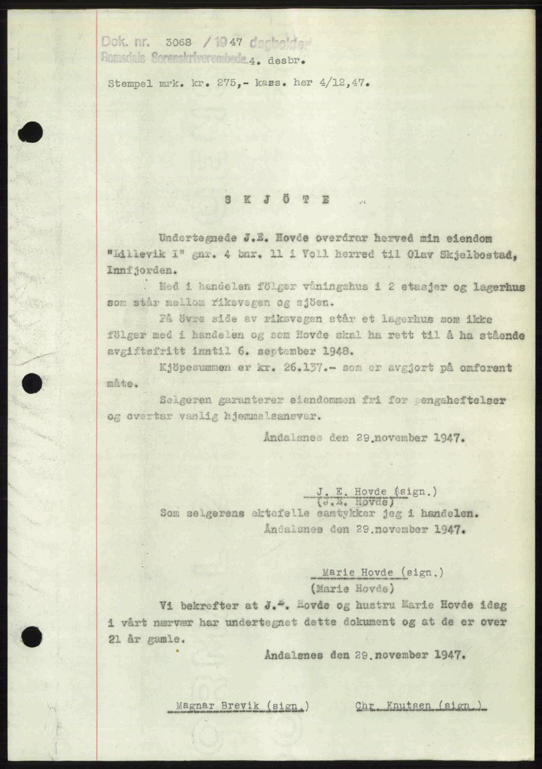 Romsdal sorenskriveri, SAT/A-4149/1/2/2C: Mortgage book no. A24, 1947-1947, Diary no: : 3068/1947