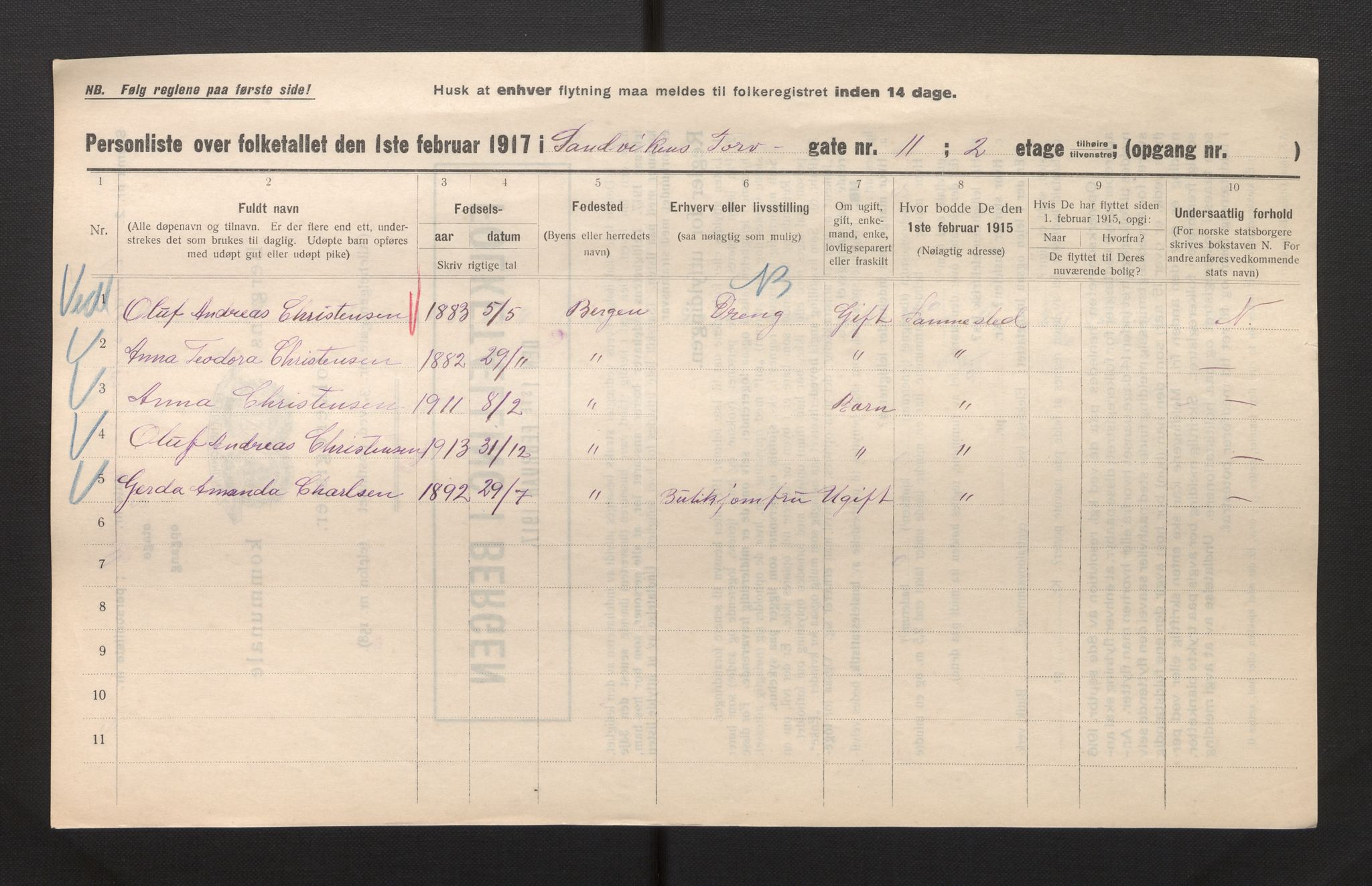 SAB, Municipal Census 1917 for Bergen, 1917, p. 32071