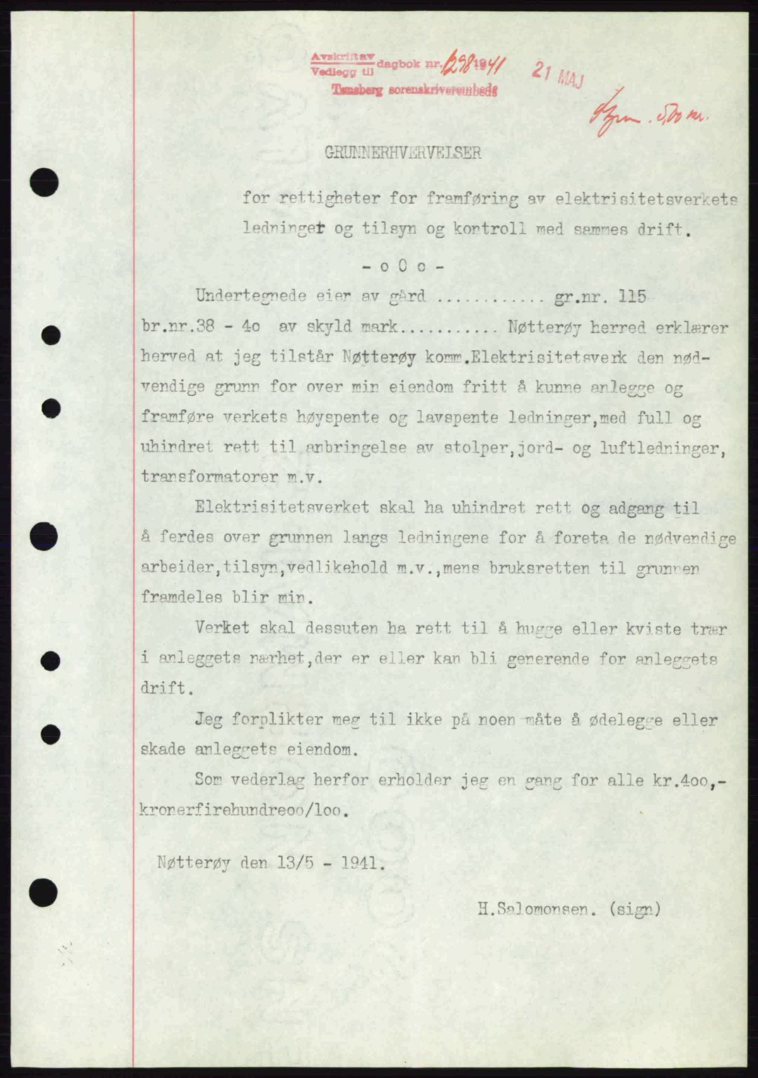 Tønsberg sorenskriveri, AV/SAKO-A-130/G/Ga/Gaa/L0010: Mortgage book no. A10, 1941-1941, Diary no: : 1298/1941