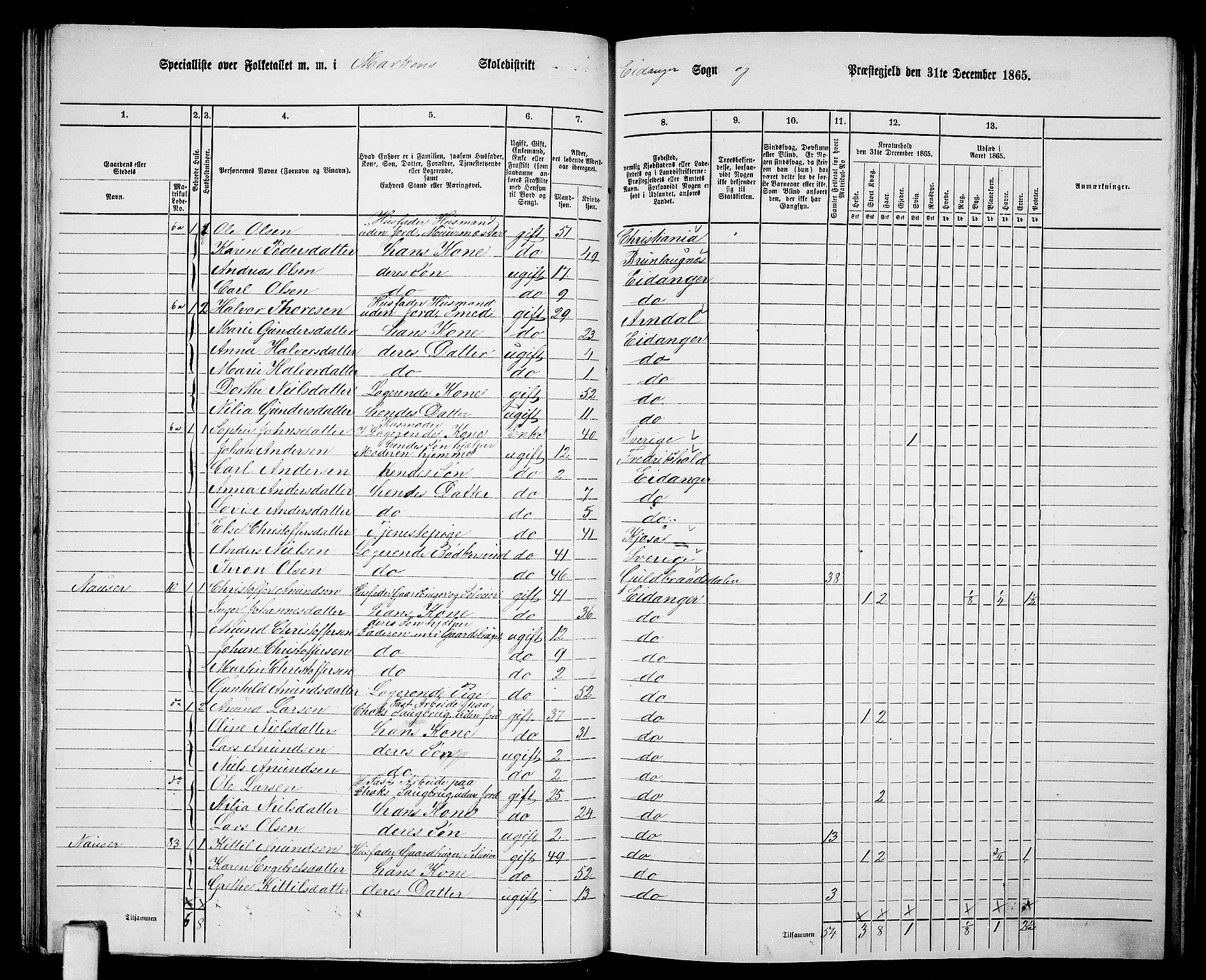 RA, 1865 census for Eidanger, 1865, p. 39