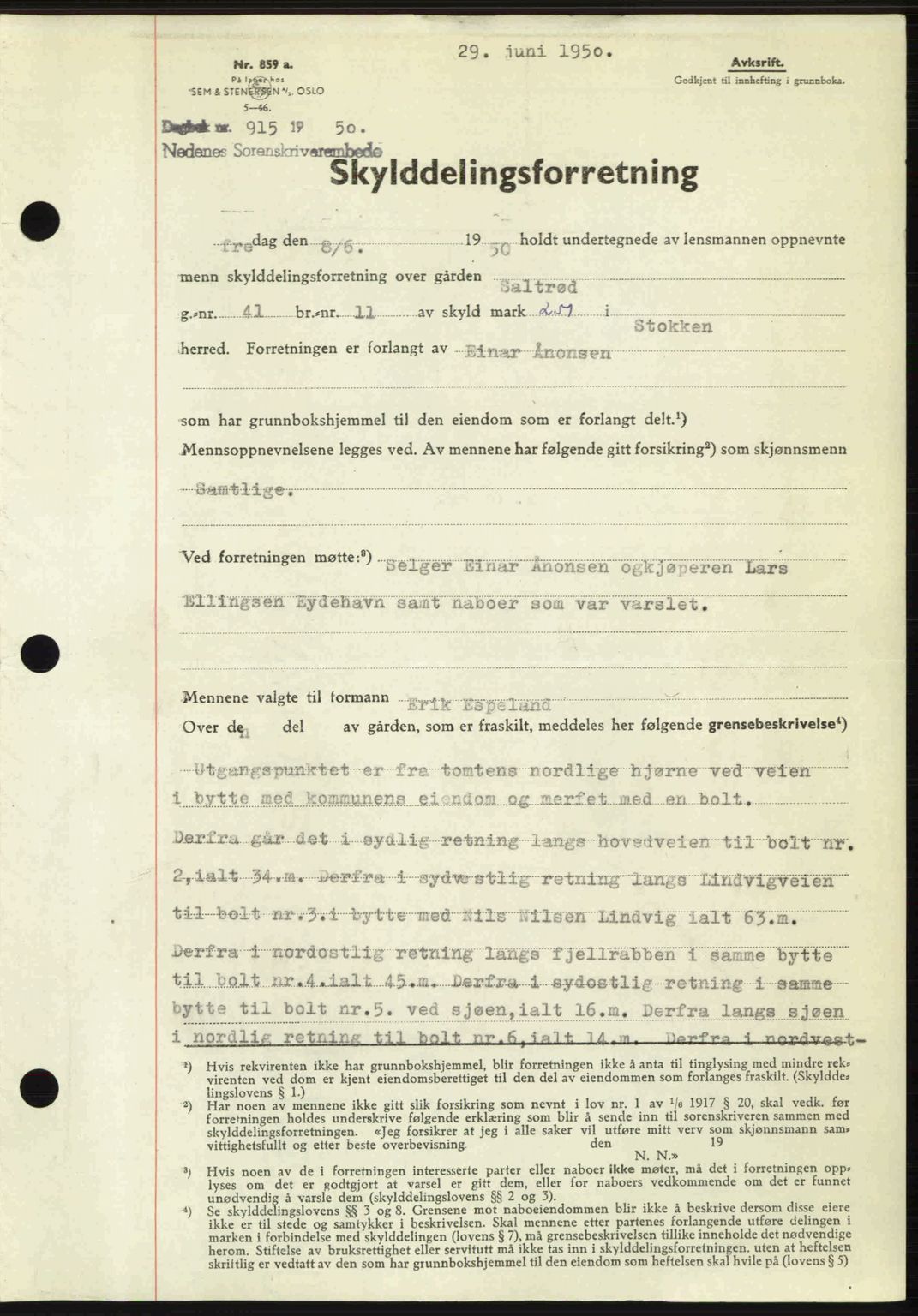 Nedenes sorenskriveri, AV/SAK-1221-0006/G/Gb/Gba/L0062: Mortgage book no. A14, 1949-1950, Diary no: : 915/1950