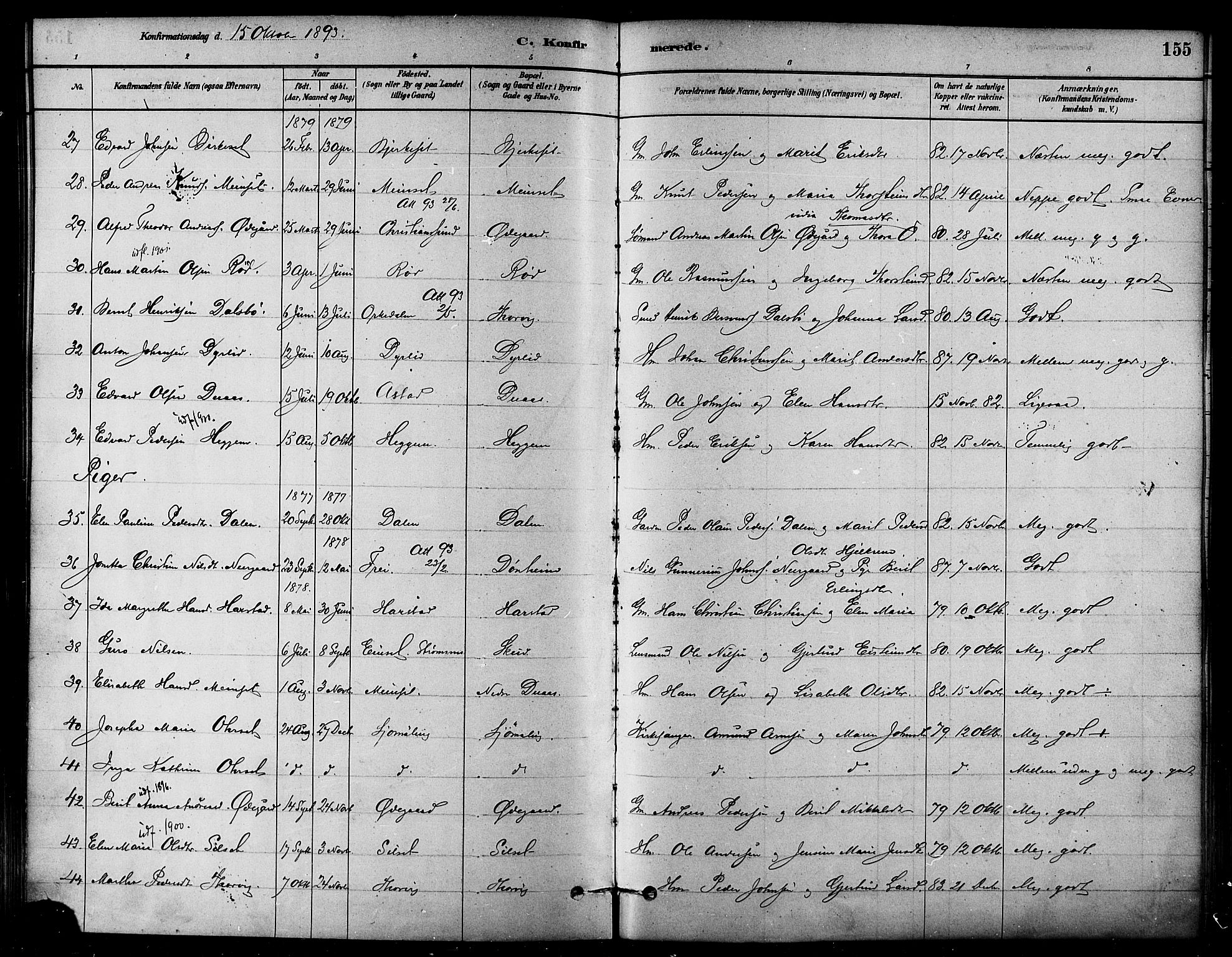 Ministerialprotokoller, klokkerbøker og fødselsregistre - Møre og Romsdal, AV/SAT-A-1454/584/L0967: Parish register (official) no. 584A07, 1879-1894, p. 155