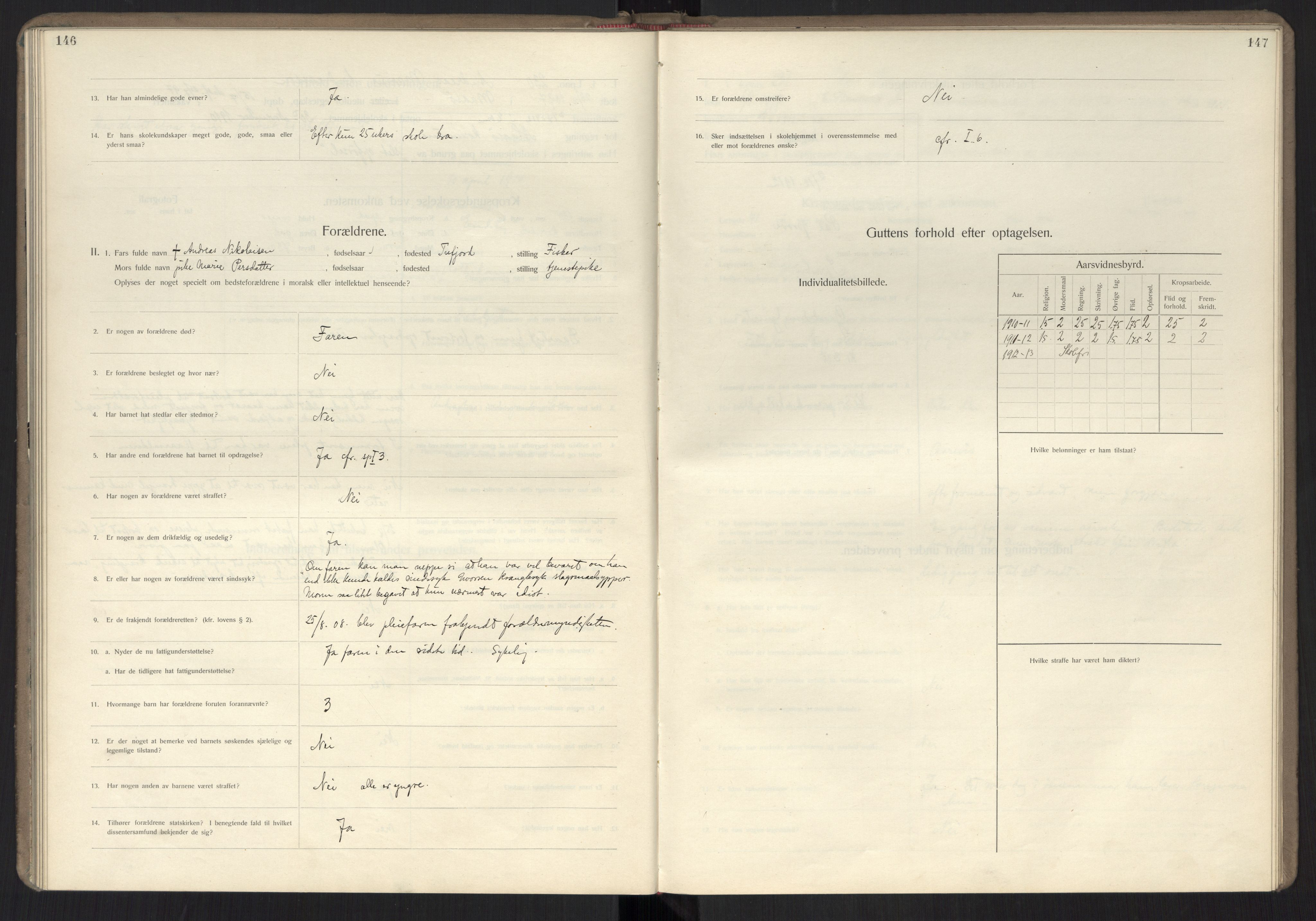 Falstad skolehjem, RA/S-1676/E/Ea/L0007: Elevprotokoll nr. 3 løpenr. 194-268, 1909-1913, p. 146-147