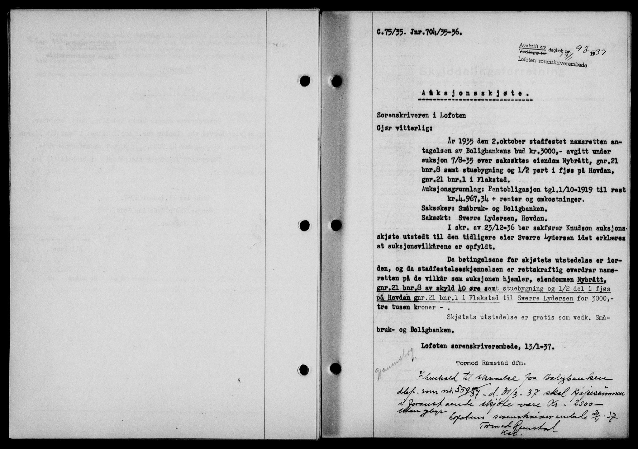 Lofoten sorenskriveri, SAT/A-0017/1/2/2C/L0001a: Mortgage book no. 1a, 1936-1937, Diary no: : 98/1937