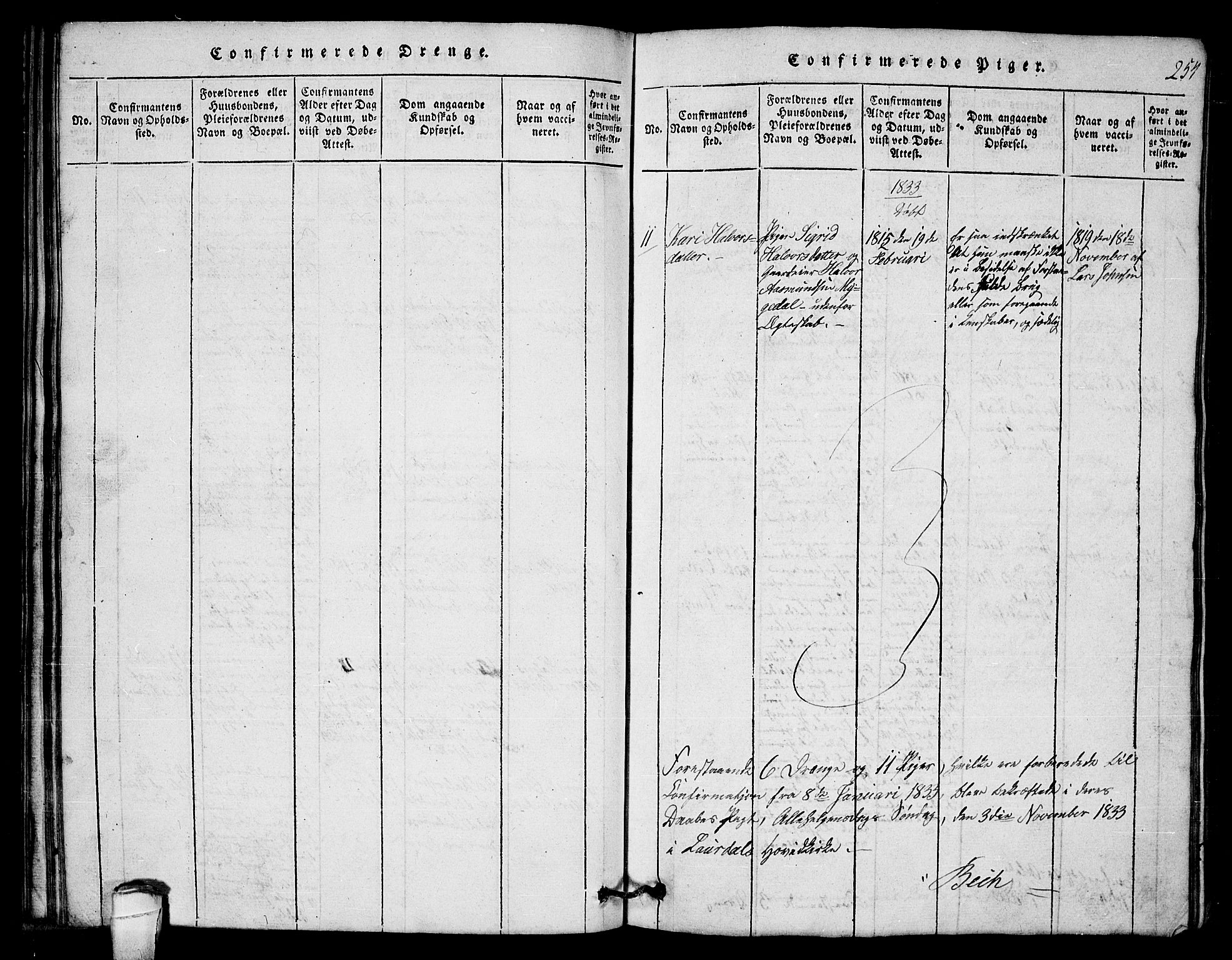 Lårdal kirkebøker, SAKO/A-284/G/Gb/L0001: Parish register (copy) no. II 1, 1815-1865, p. 254