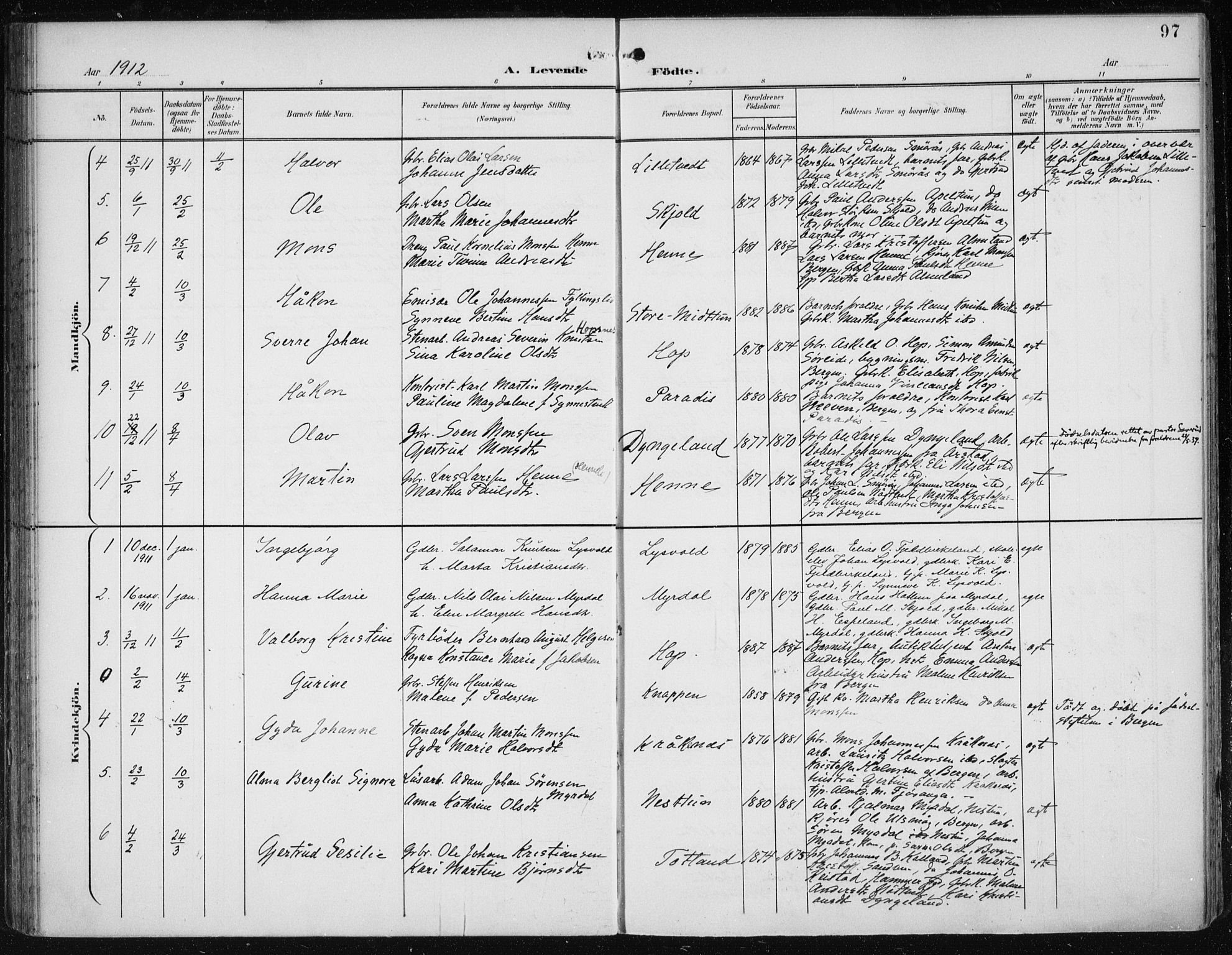 Fana Sokneprestembete, SAB/A-75101/H/Haa/Haai/L0003: Parish register (official) no. I 3, 1900-1912, p. 97