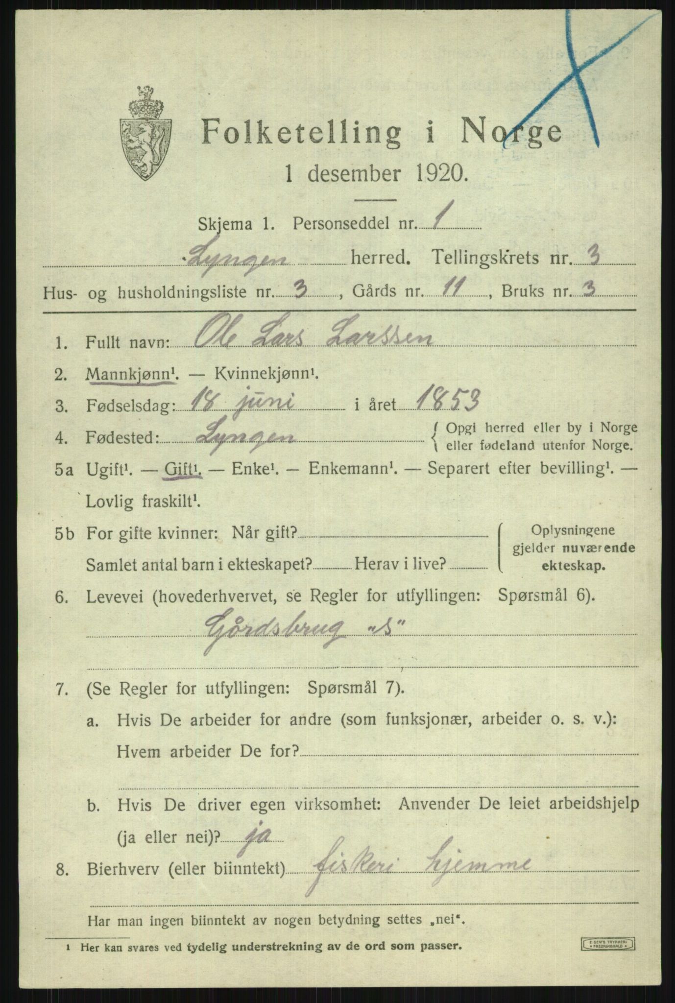 SATØ, 1920 census for Lyngen, 1920, p. 3507