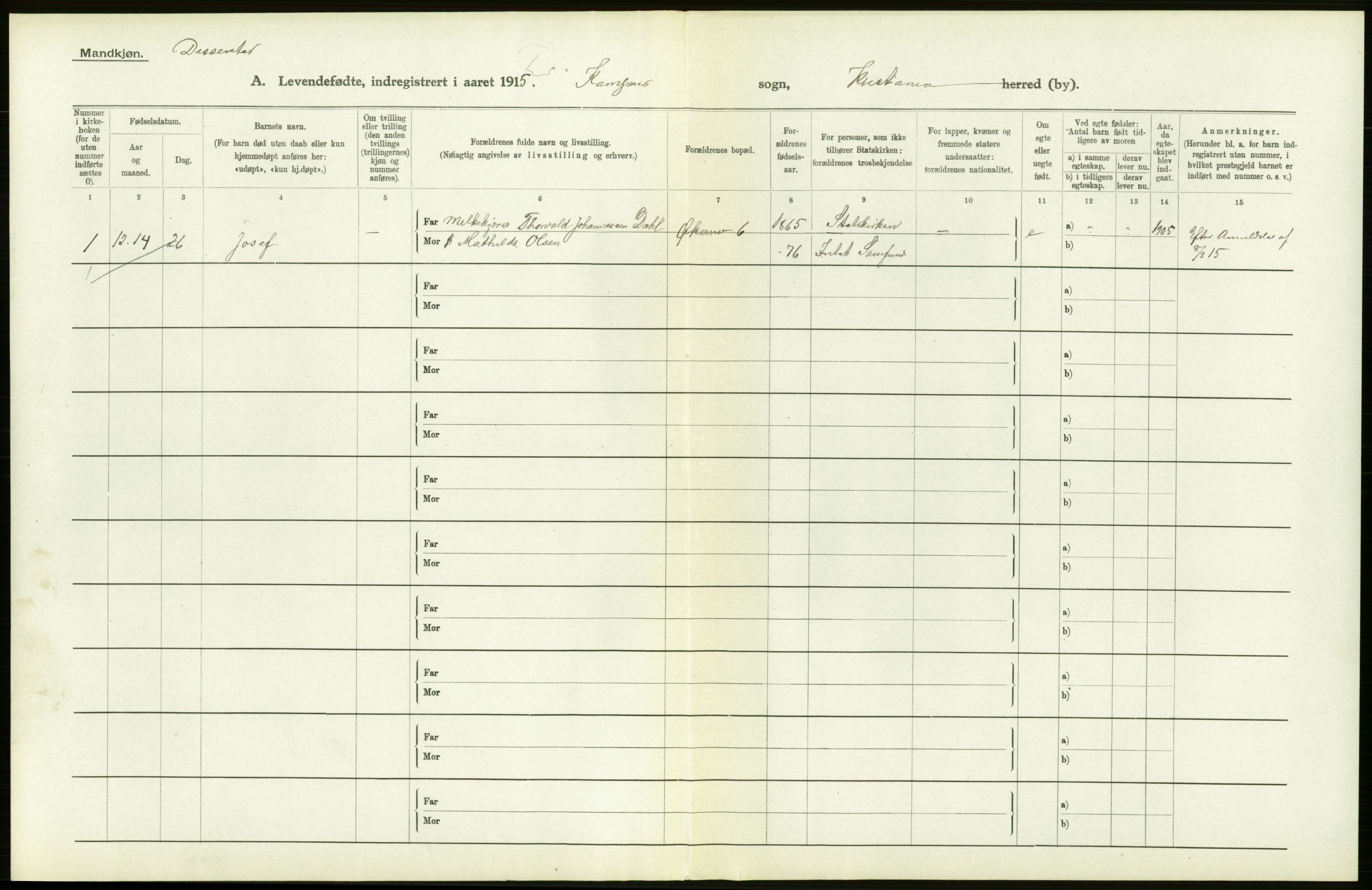 Statistisk sentralbyrå, Sosiodemografiske emner, Befolkning, RA/S-2228/D/Df/Dfb/Dfbe/L0006: Kristiania: Levendefødte menn og kvinner., 1915, p. 404