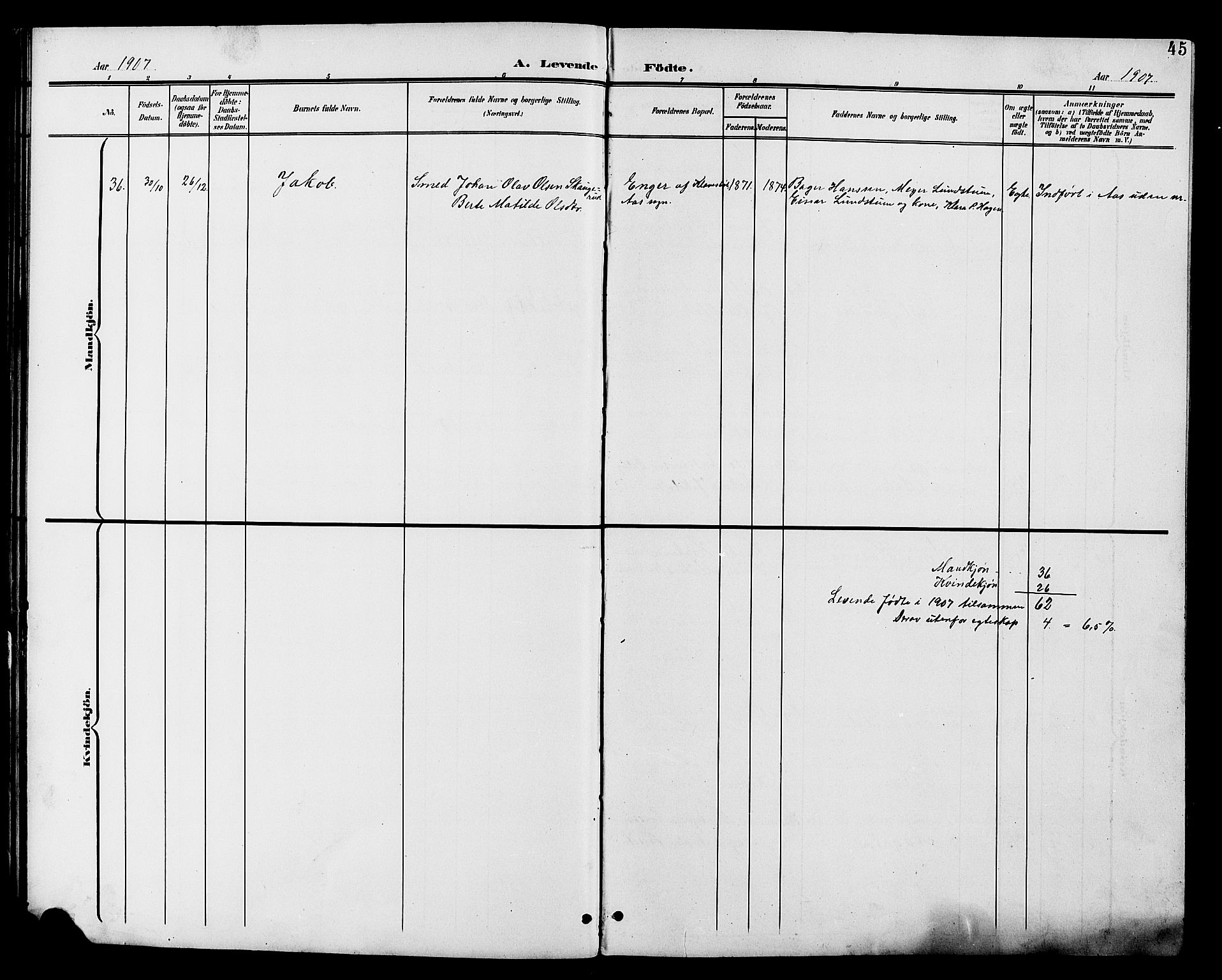 Vestre Toten prestekontor, SAH/PREST-108/H/Ha/Hab/L0011: Parish register (copy) no. 11, 1901-1911, p. 45