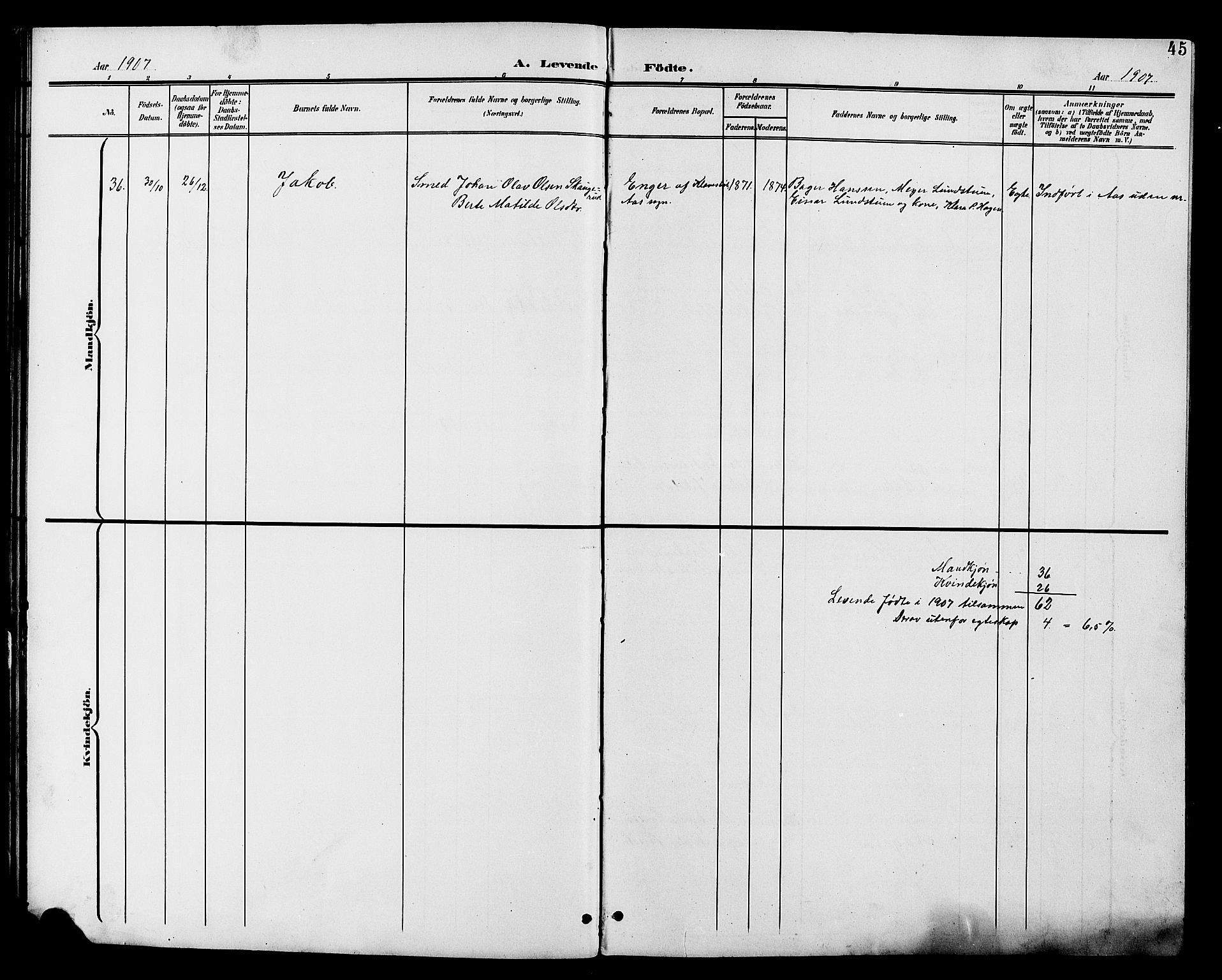 Vestre Toten prestekontor, AV/SAH-PREST-108/H/Ha/Hab/L0011: Parish register (copy) no. 11, 1901-1911, p. 45