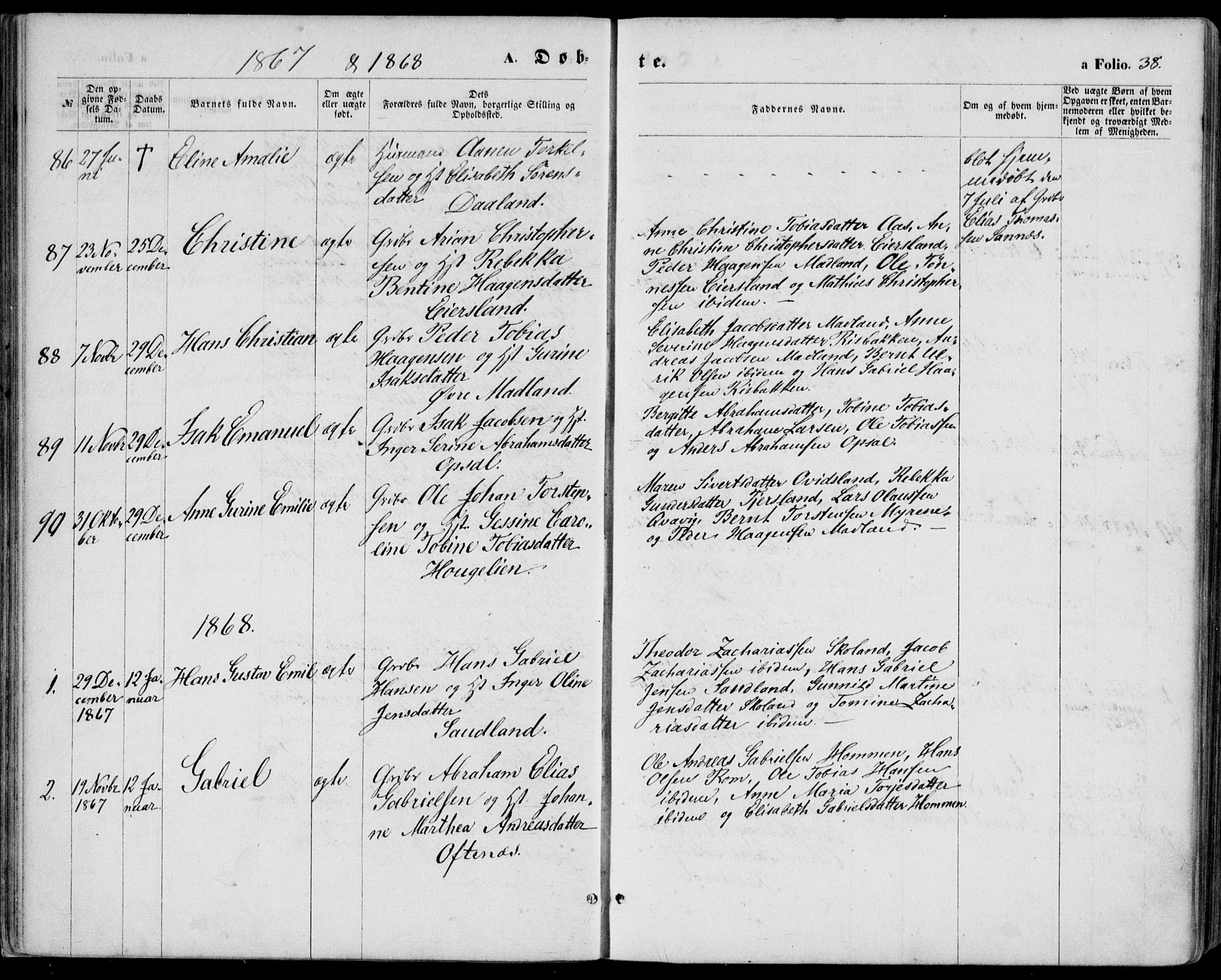 Lyngdal sokneprestkontor, SAK/1111-0029/F/Fa/Fac/L0010: Parish register (official) no. A 10, 1865-1878, p. 38