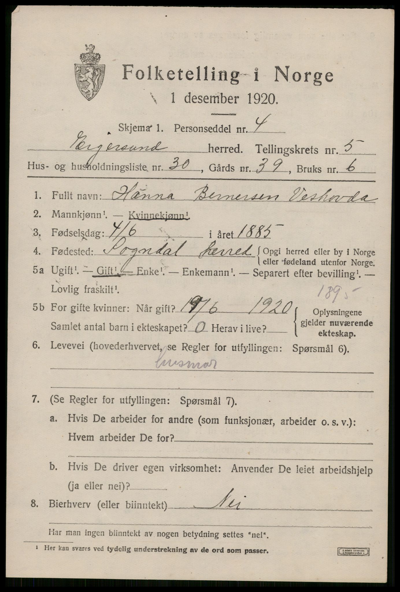 SAST, 1920 census for Eigersund, 1920, p. 3879