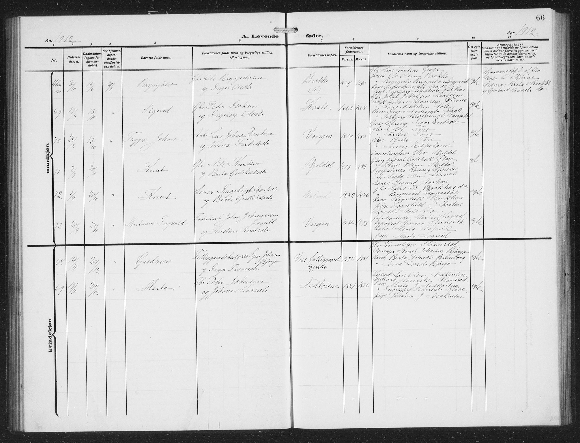 Voss sokneprestembete, AV/SAB-A-79001/H/Hab: Parish register (copy) no. C 3, 1909-1920, p. 66