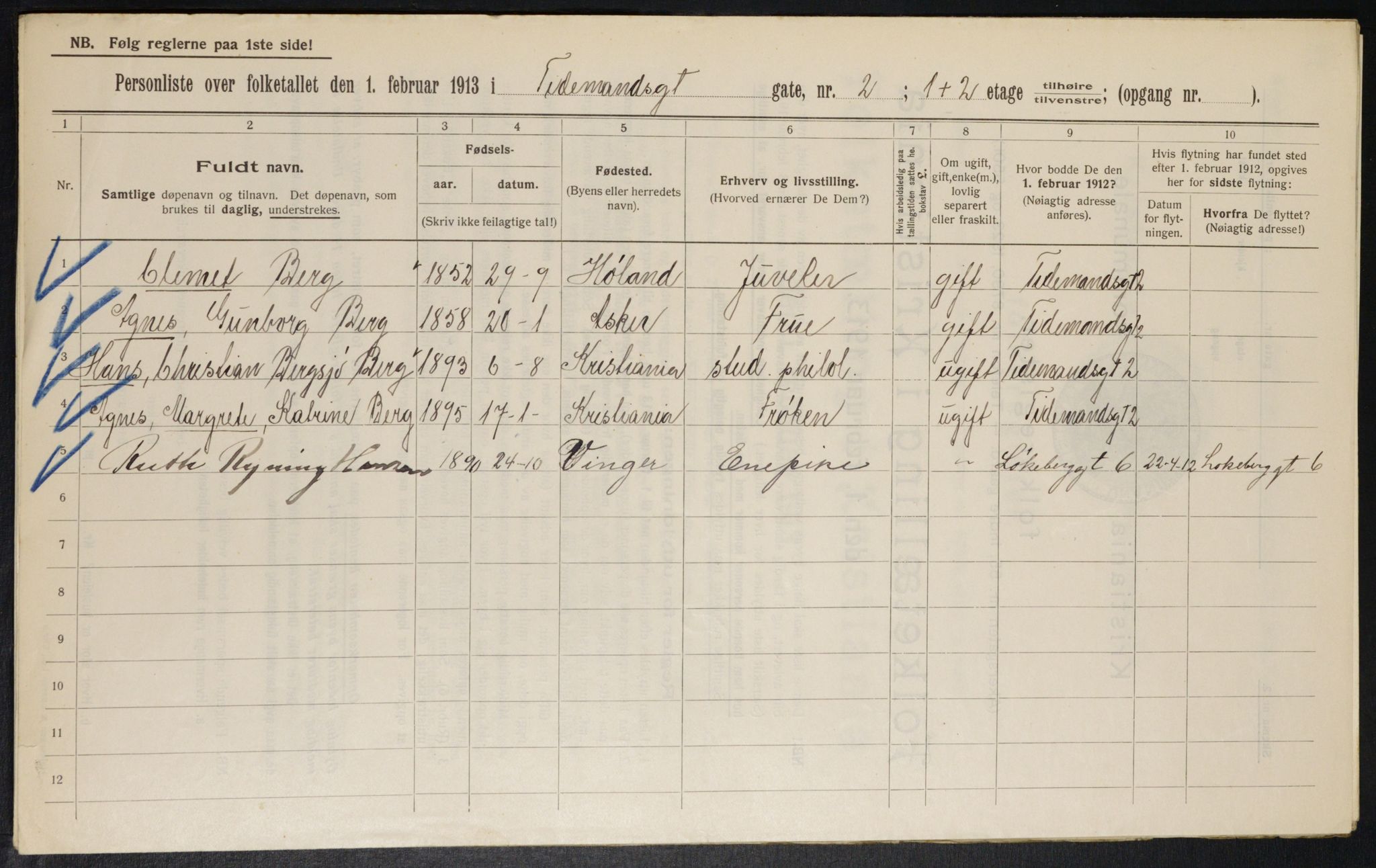 OBA, Municipal Census 1913 for Kristiania, 1913, p. 111397