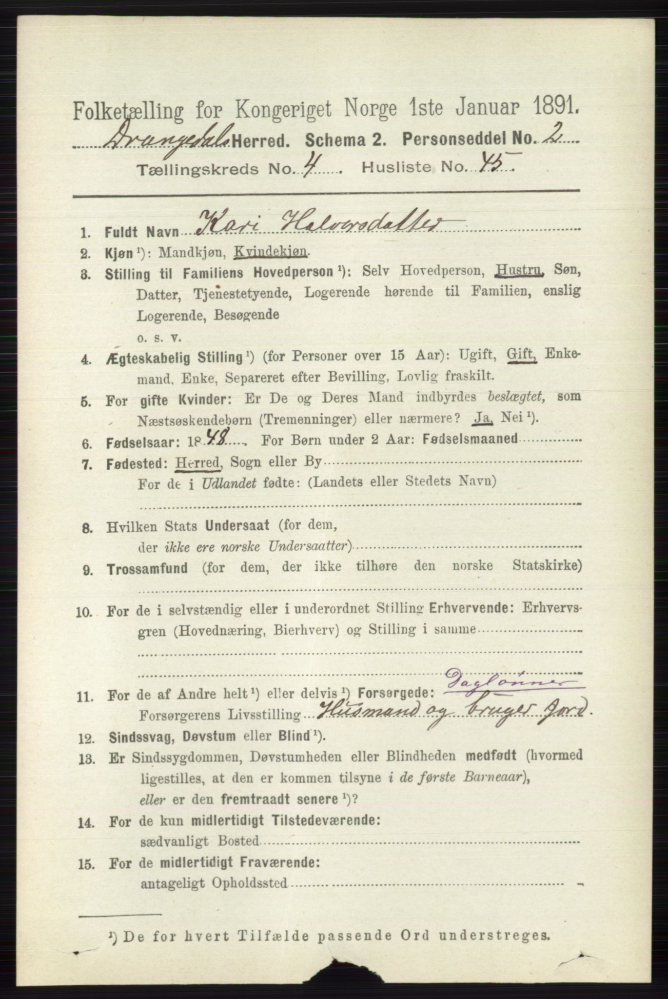 RA, 1891 census for 0817 Drangedal, 1891, p. 1612