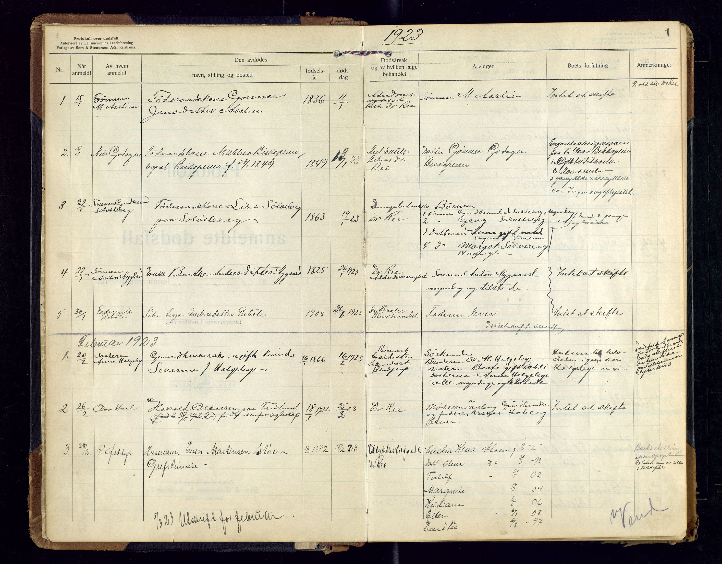 Nes, Hedmark, lensmannskontor, SAH/LHB-008/H/Ha/L0001: Dødsfallsprotokoll, 1923-1948, p. 1