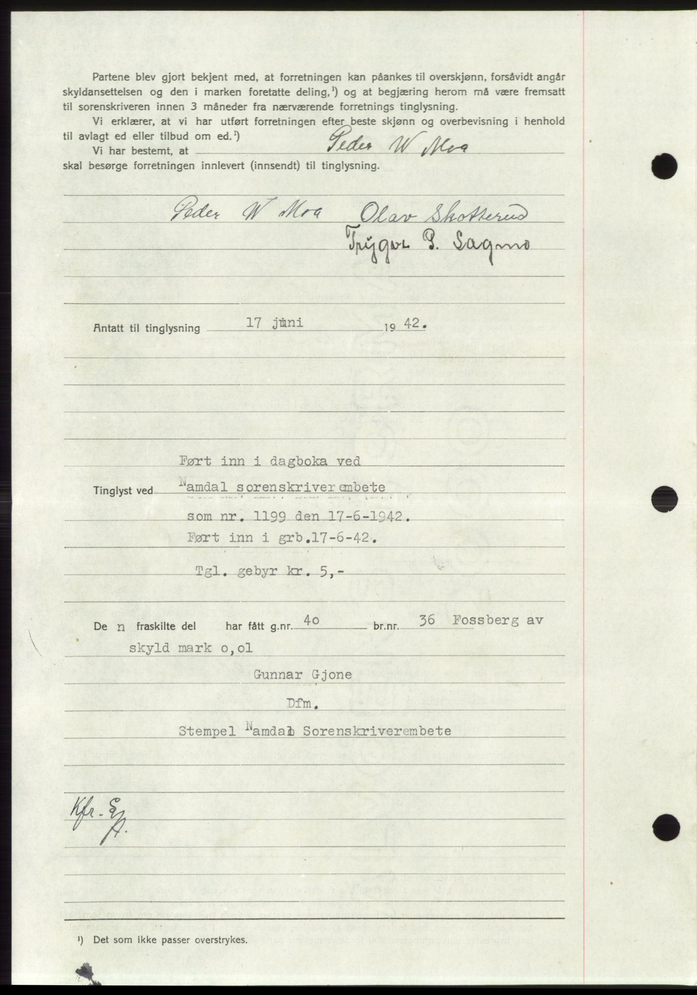 Namdal sorenskriveri, SAT/A-4133/1/2/2C: Mortgage book no. -, 1941-1942, Diary no: : 1199/1942