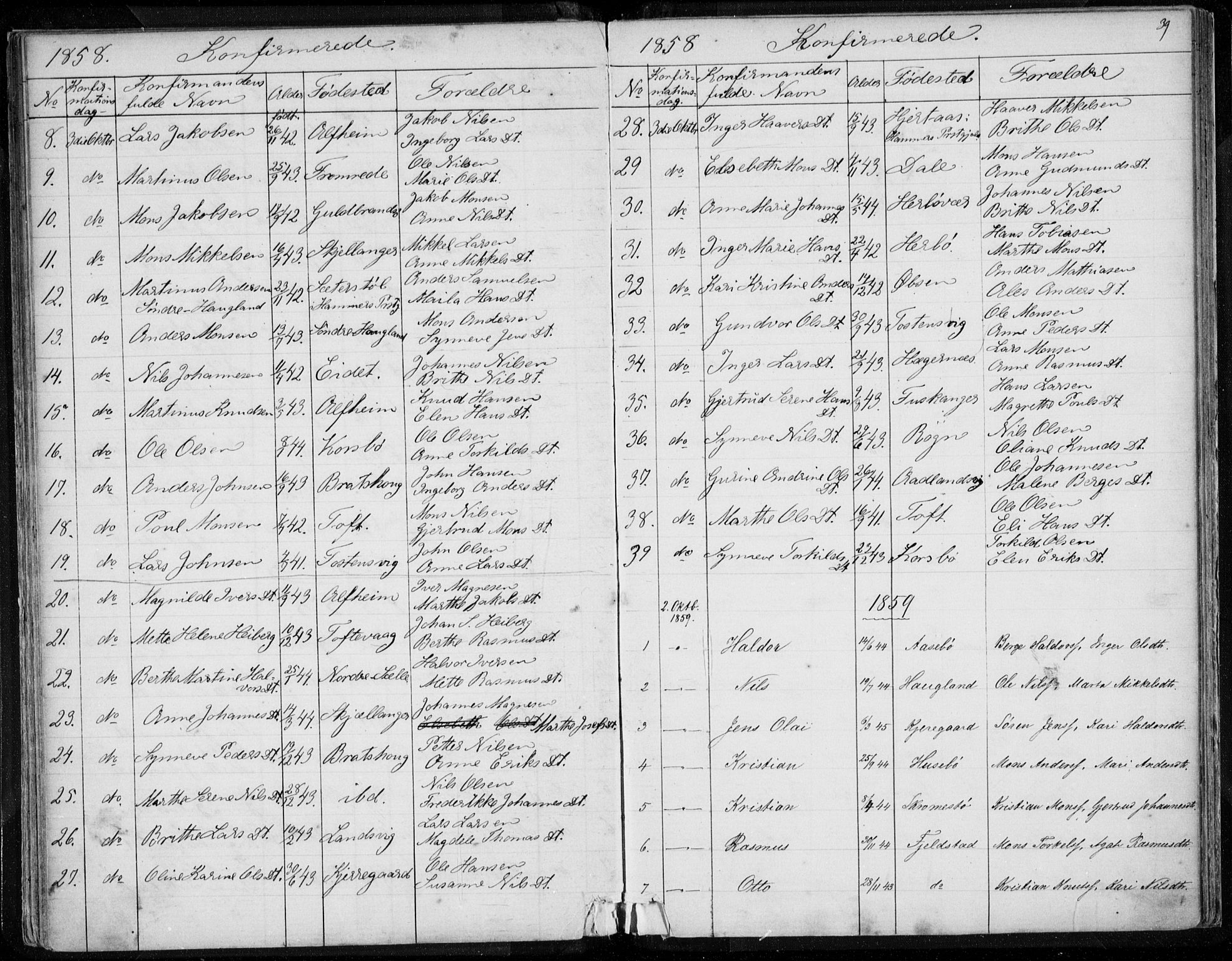 Herdla Sokneprestembete, AV/SAB-A-75701/H/Haa: Parish register (official) no. A 1, 1855-1869, p. 39