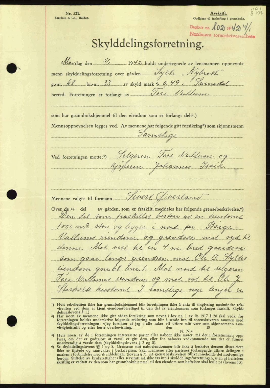 Nordmøre sorenskriveri, AV/SAT-A-4132/1/2/2Ca: Mortgage book no. A91, 1941-1942, Diary no: : 102/1942