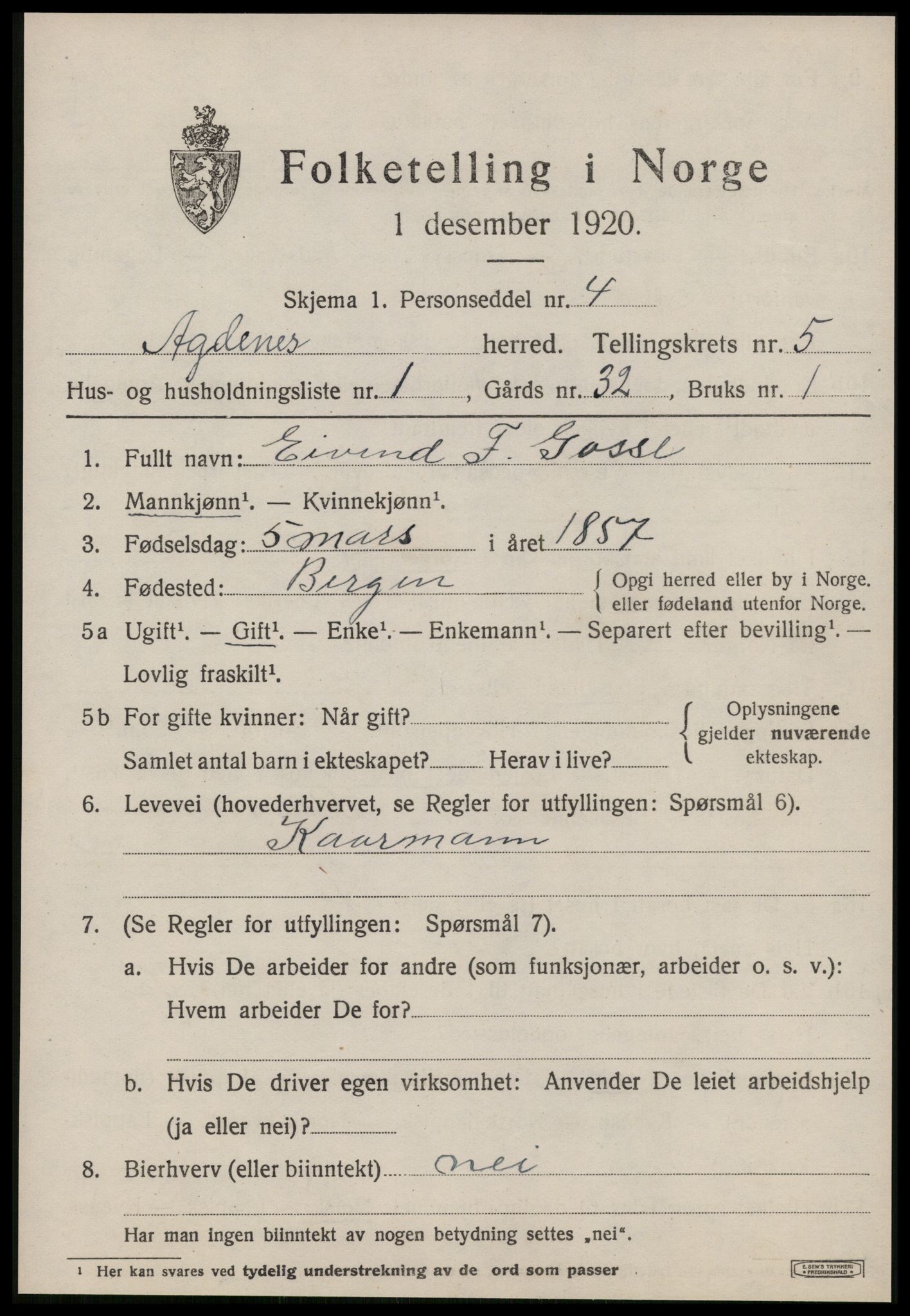 SAT, 1920 census for Agdenes, 1920, p. 2271