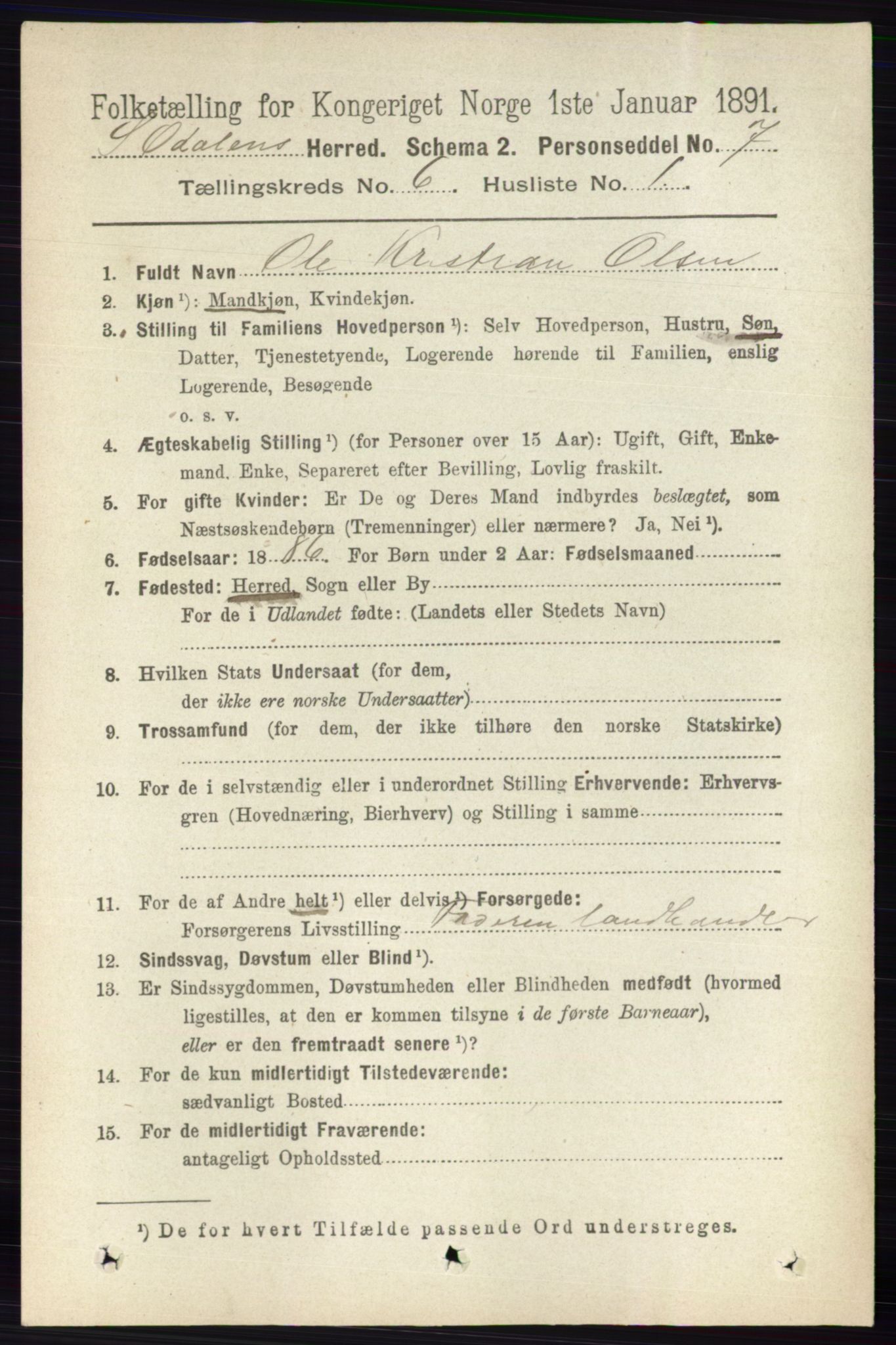 RA, 1891 census for 0419 Sør-Odal, 1891, p. 2801