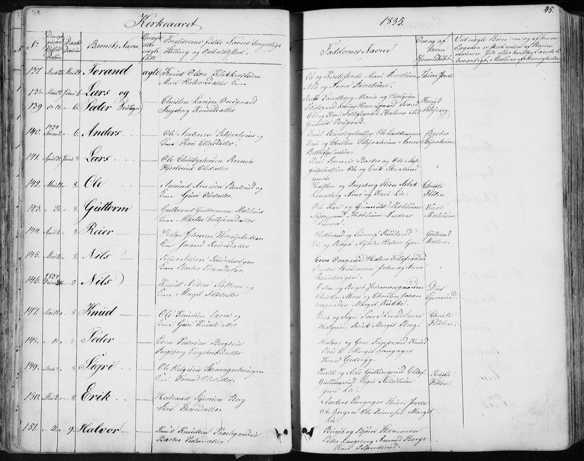 Nes kirkebøker, SAKO/A-236/F/Fa/L0009: Parish register (official) no. 9, 1834-1863, p. 45