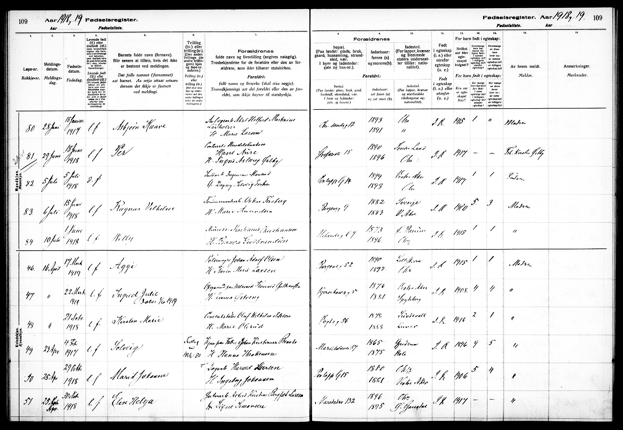 Sagene prestekontor Kirkebøker, AV/SAO-A-10796/J/L0001: Birth register no. 1, 1916-1920, p. 109