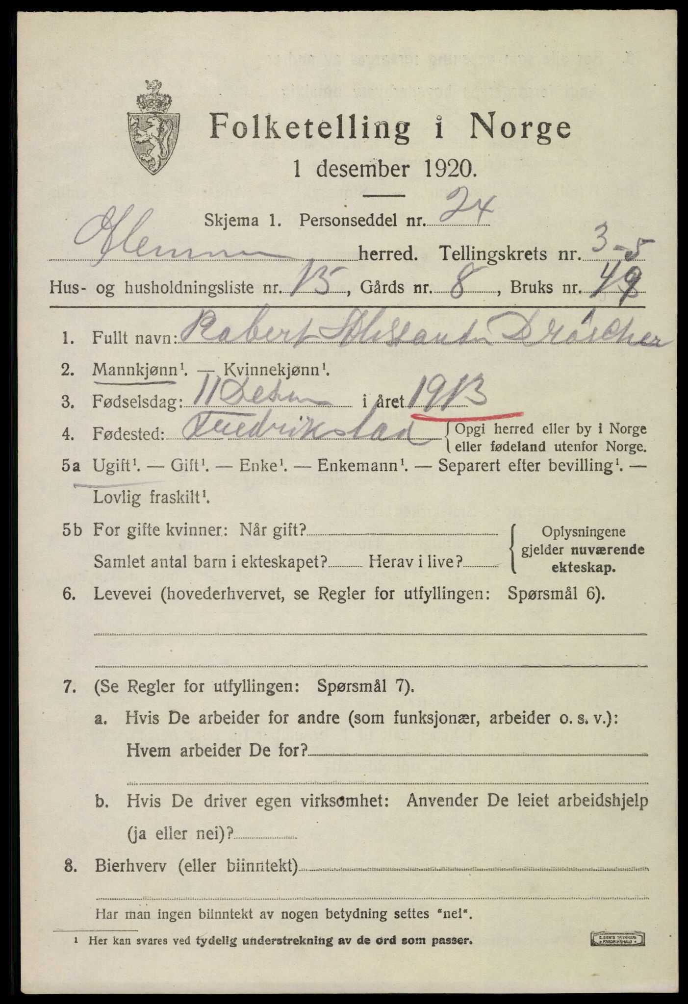 SAO, 1920 census for Glemmen, 1920, p. 8169