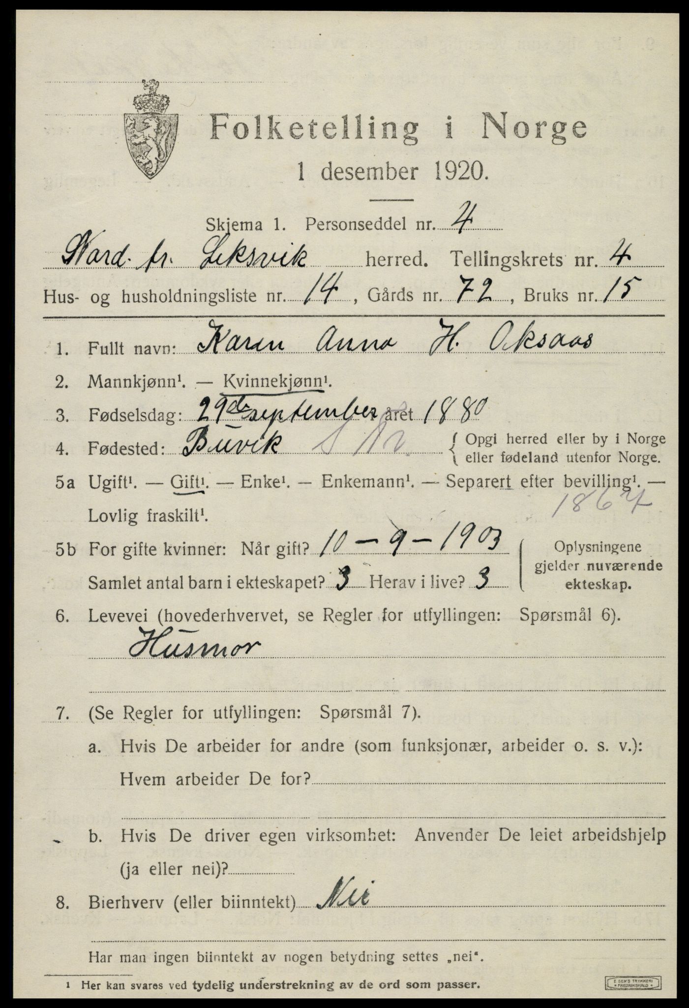 SAT, 1920 census for Leksvik, 1920, p. 3668