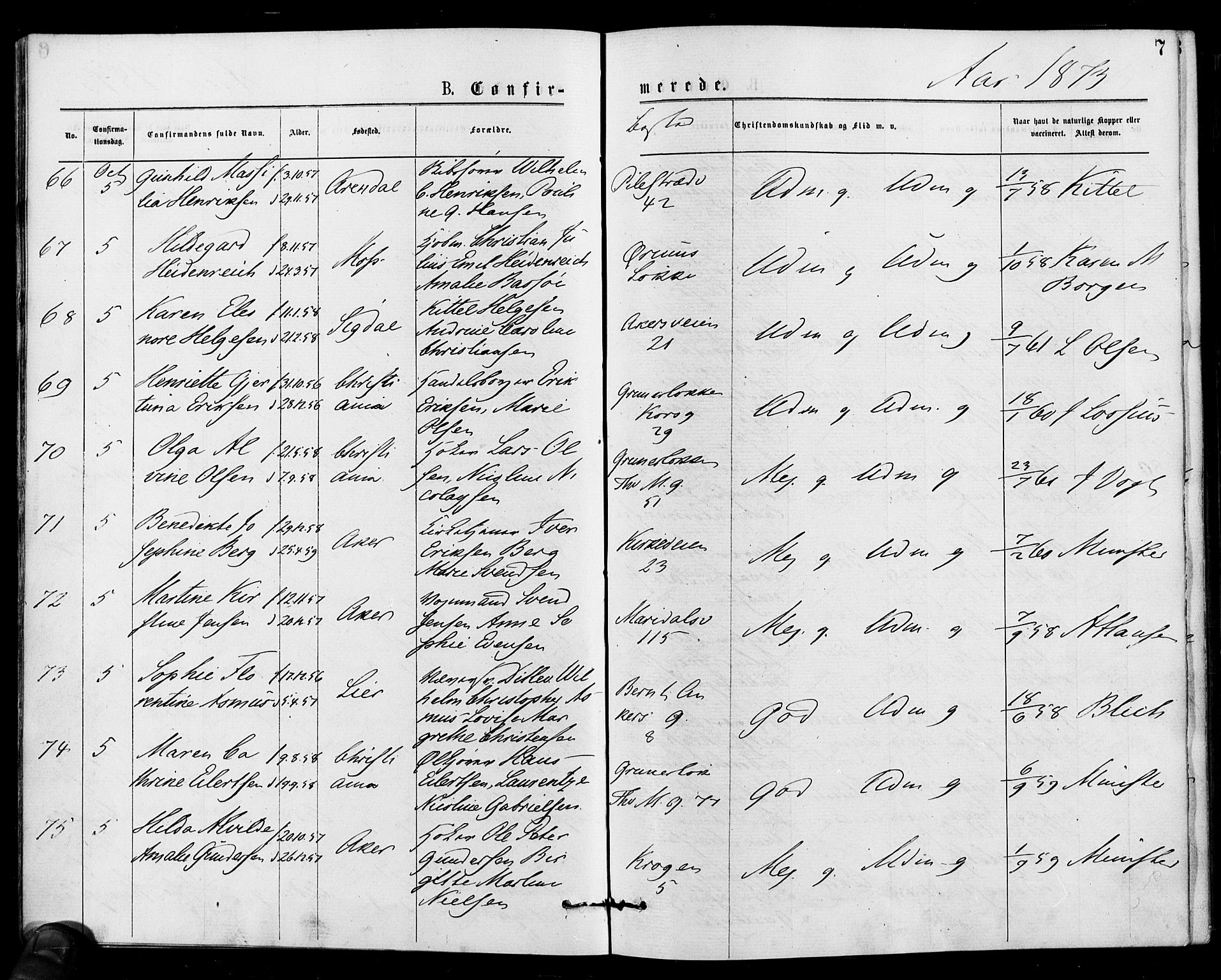 Gamle Aker prestekontor Kirkebøker, AV/SAO-A-10617a/F/L0005: Parish register (official) no. 5, 1873-1881, p. 7